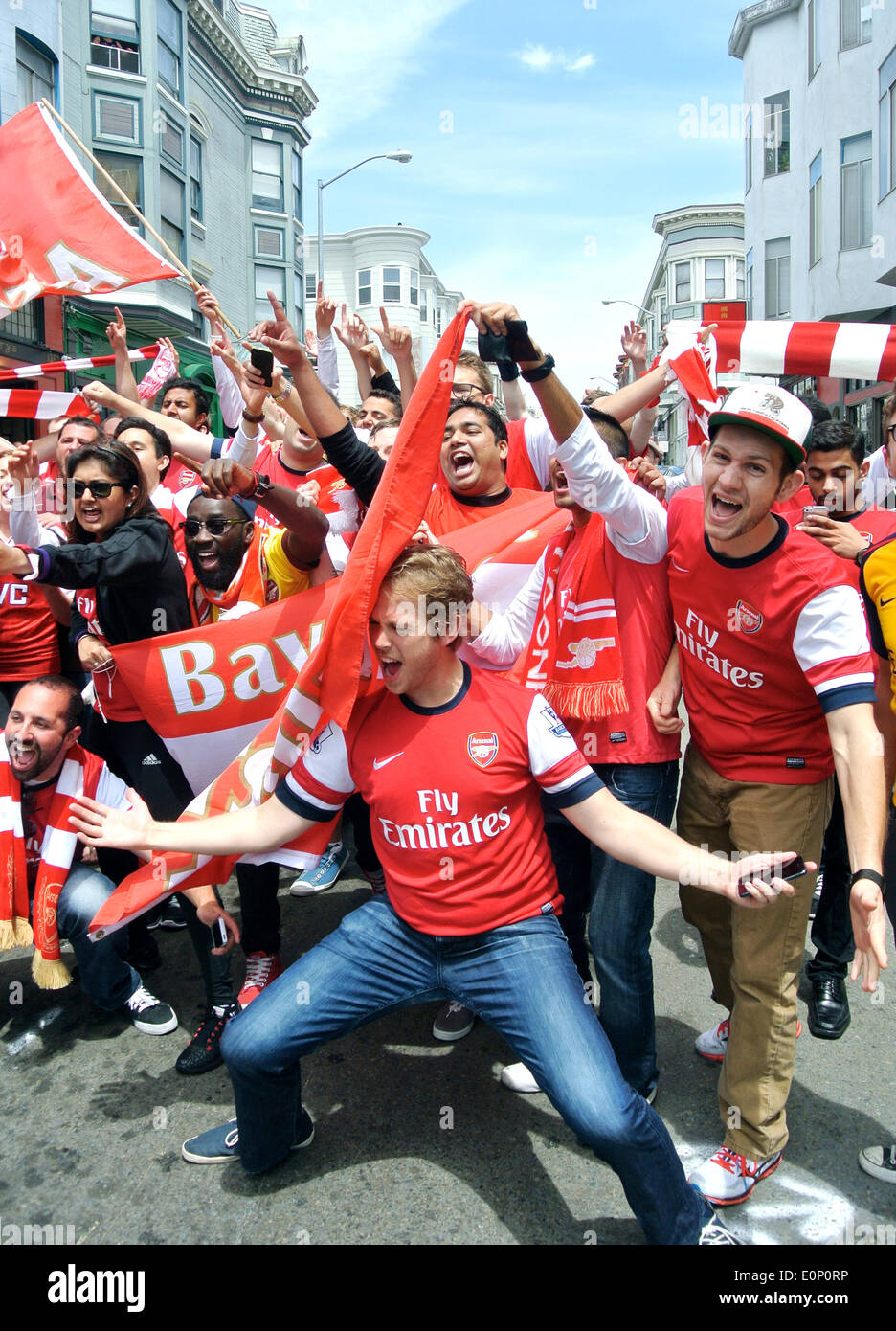 arsenal fans celebrate FA cup championship win on Grant Street San Francisco Stock Photo