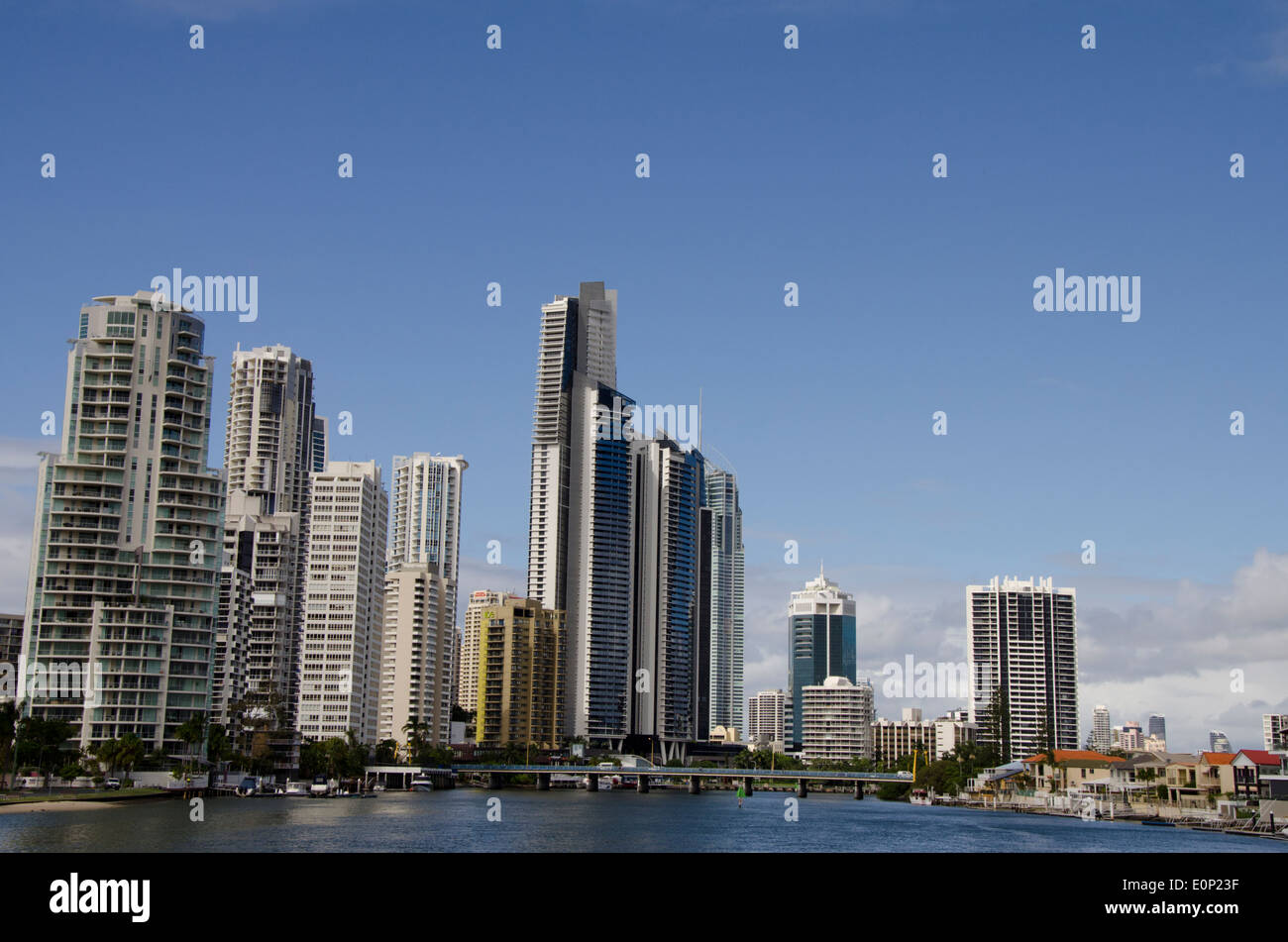 Australia, Queensland, Gold Coast. Waterfront view of Surfers' Paradise skyline. Stock Photo