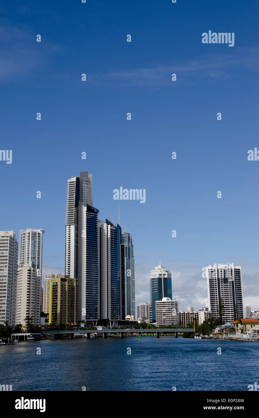 Australia, Queensland, Gold Coast. Waterfront view of Surfers' Paradise skyline. Stock Photo