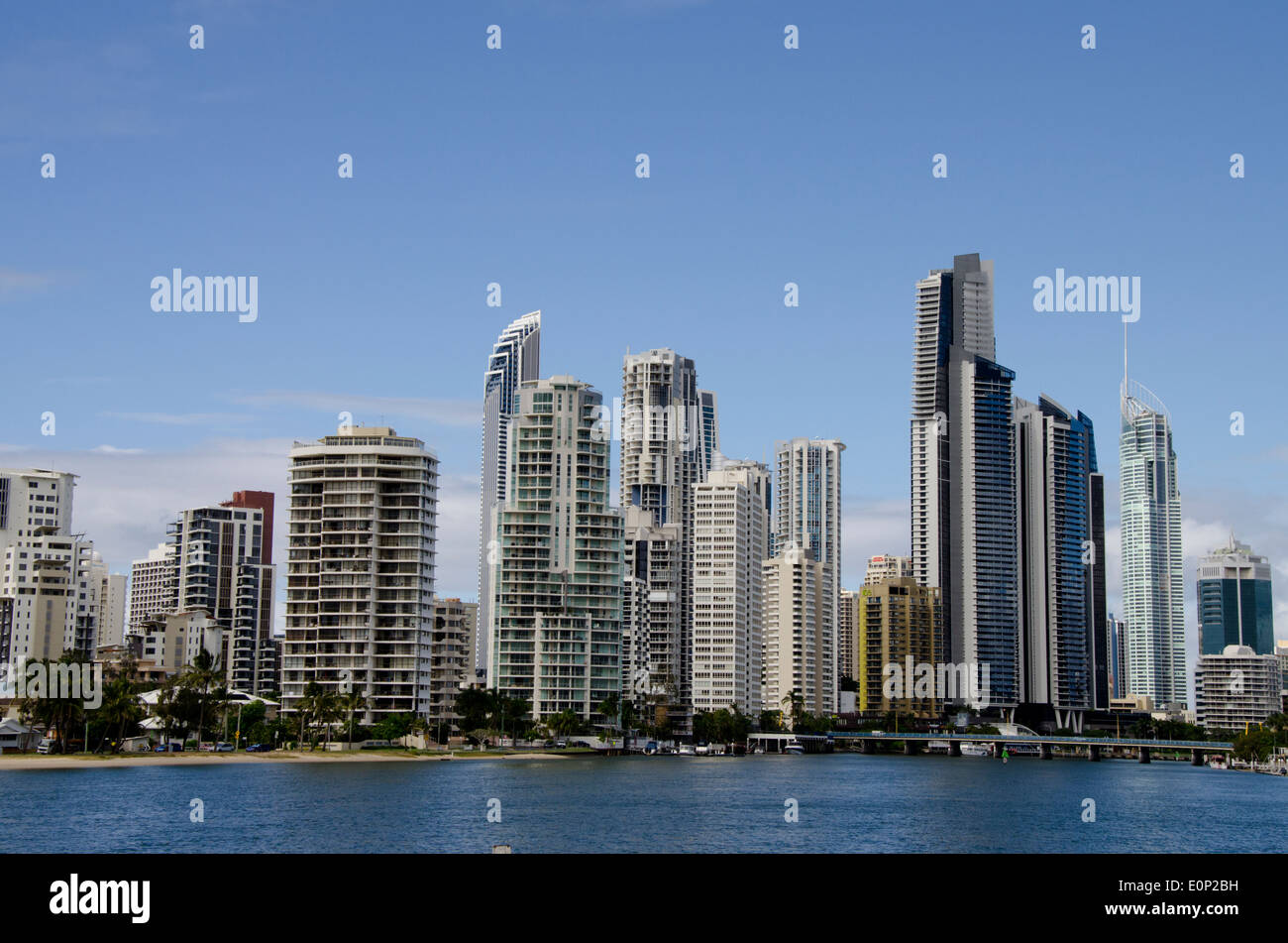 Australia, Queensland, Gold Coast. Waterfront view of Surfers' Paradise skyline. Stock Photo