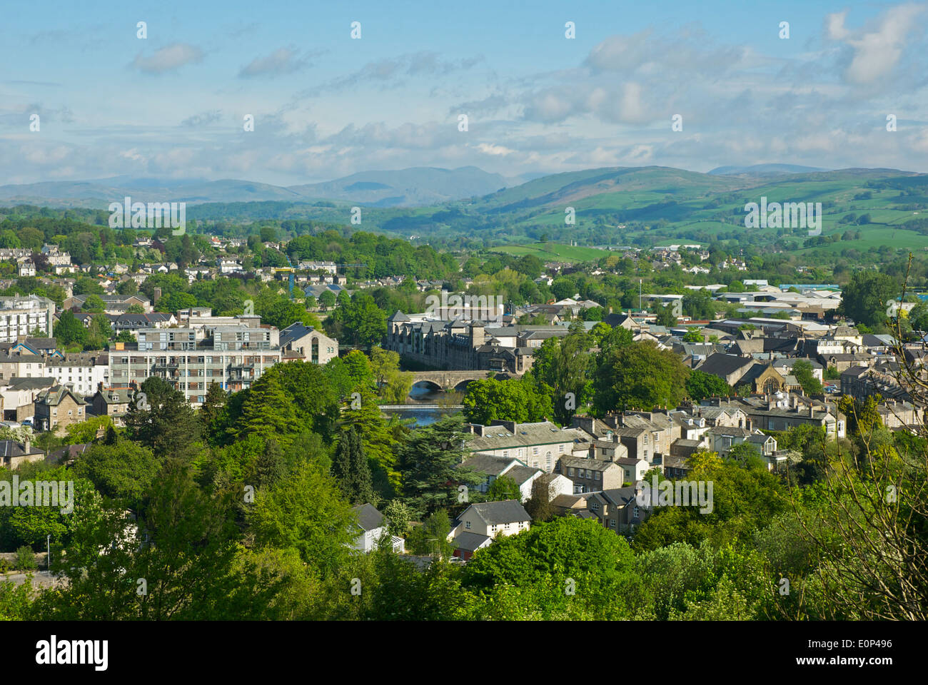 View over Kendal town, and the River Kent, Cumbria, England UK Stock Photo