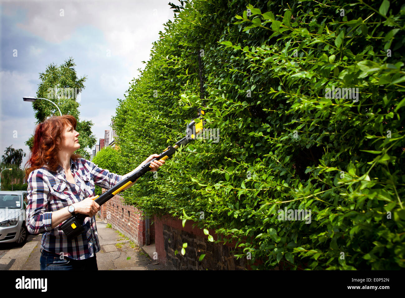 Woman trimming hedge with an cordless electric hedge trimmer Stock Photo