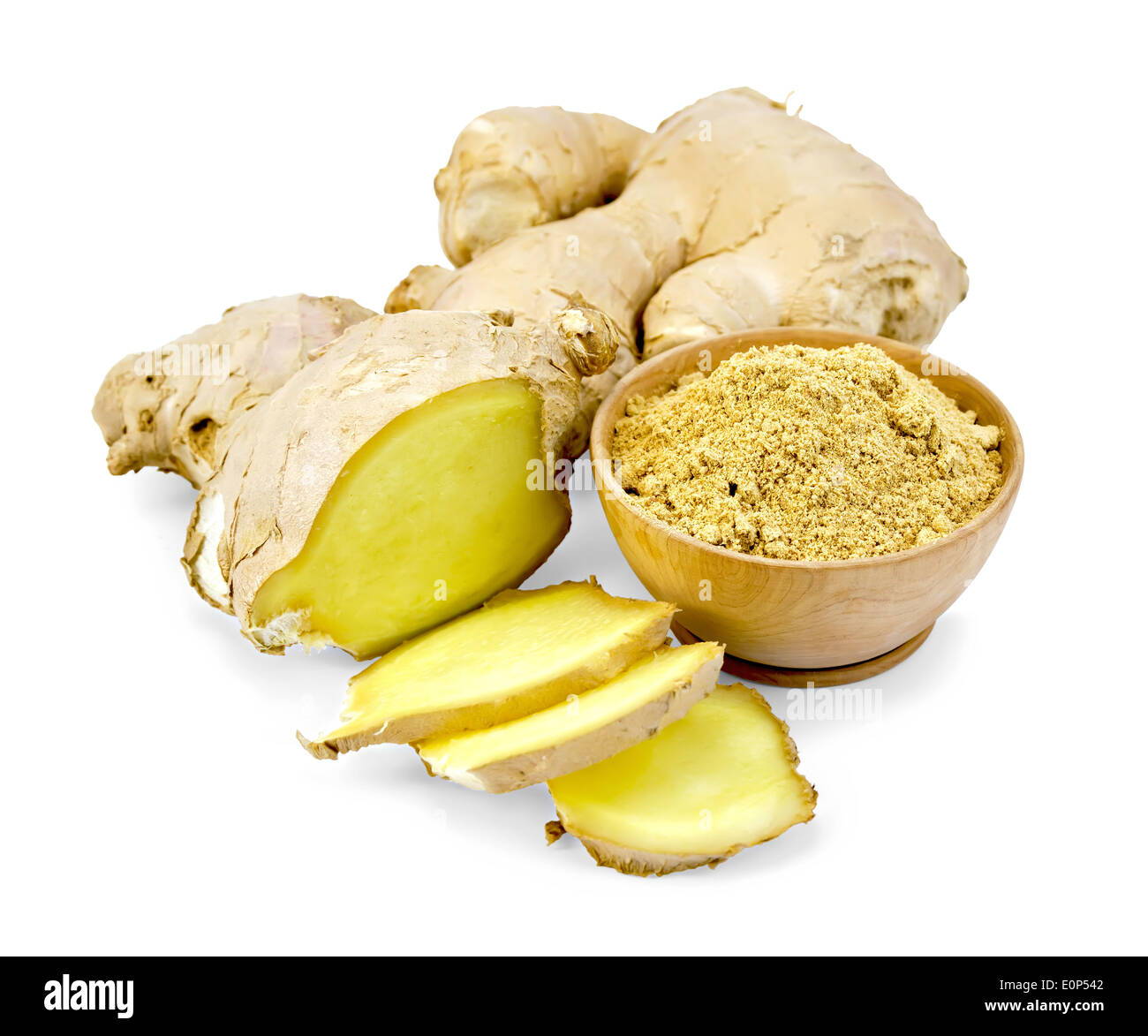 Wooden bowl with ginger powder, chopped ginger root isolated on white background Stock Photo Alamy