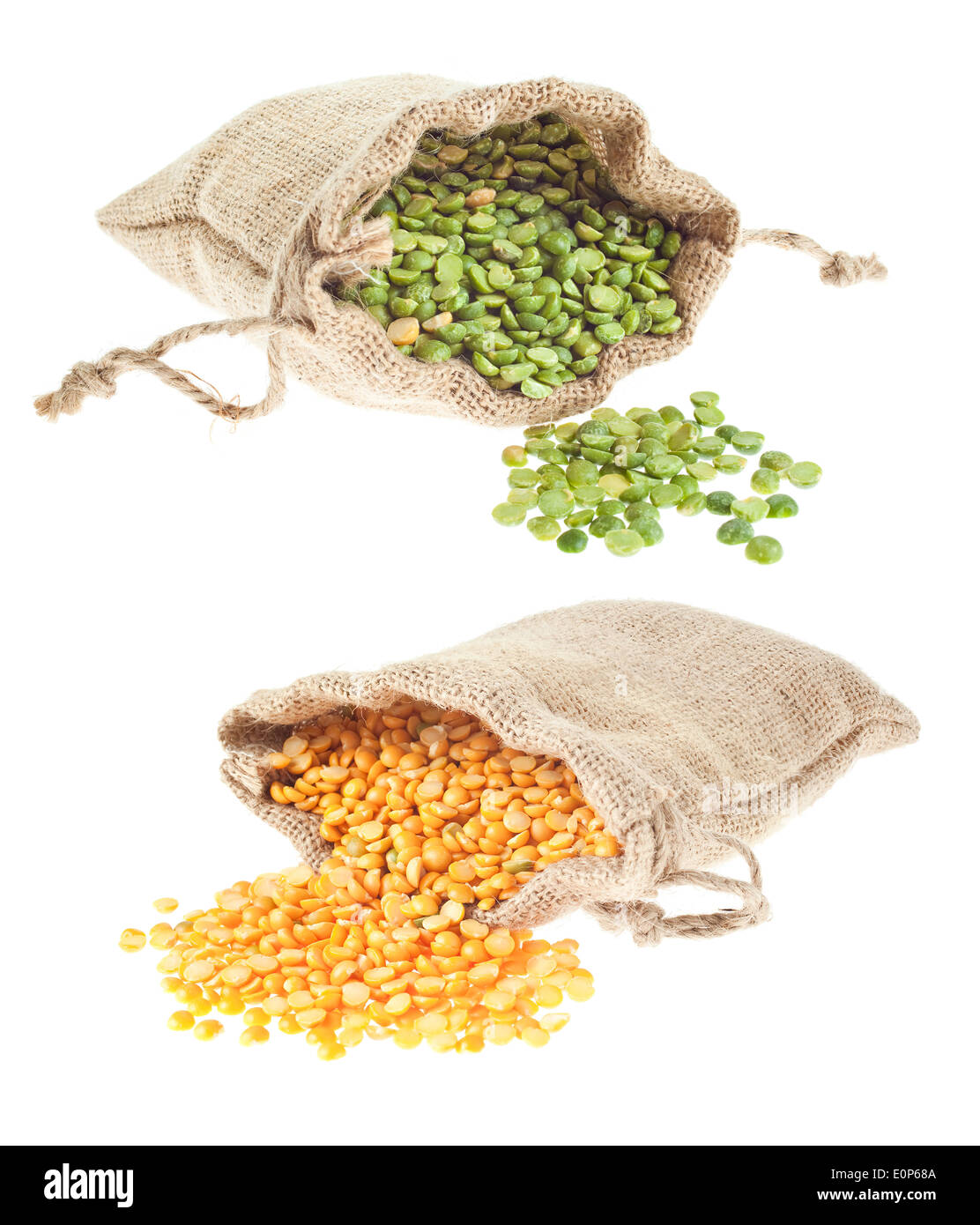 Canvas bags of dry yellow and green split peas spilling out Stock Photo