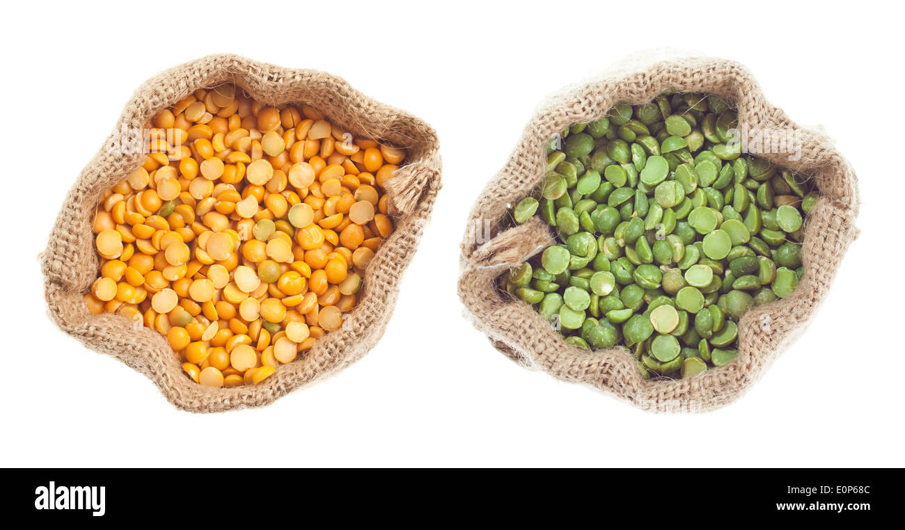 Canvas bags with dry yellow and green split peas Stock Photo Alamy