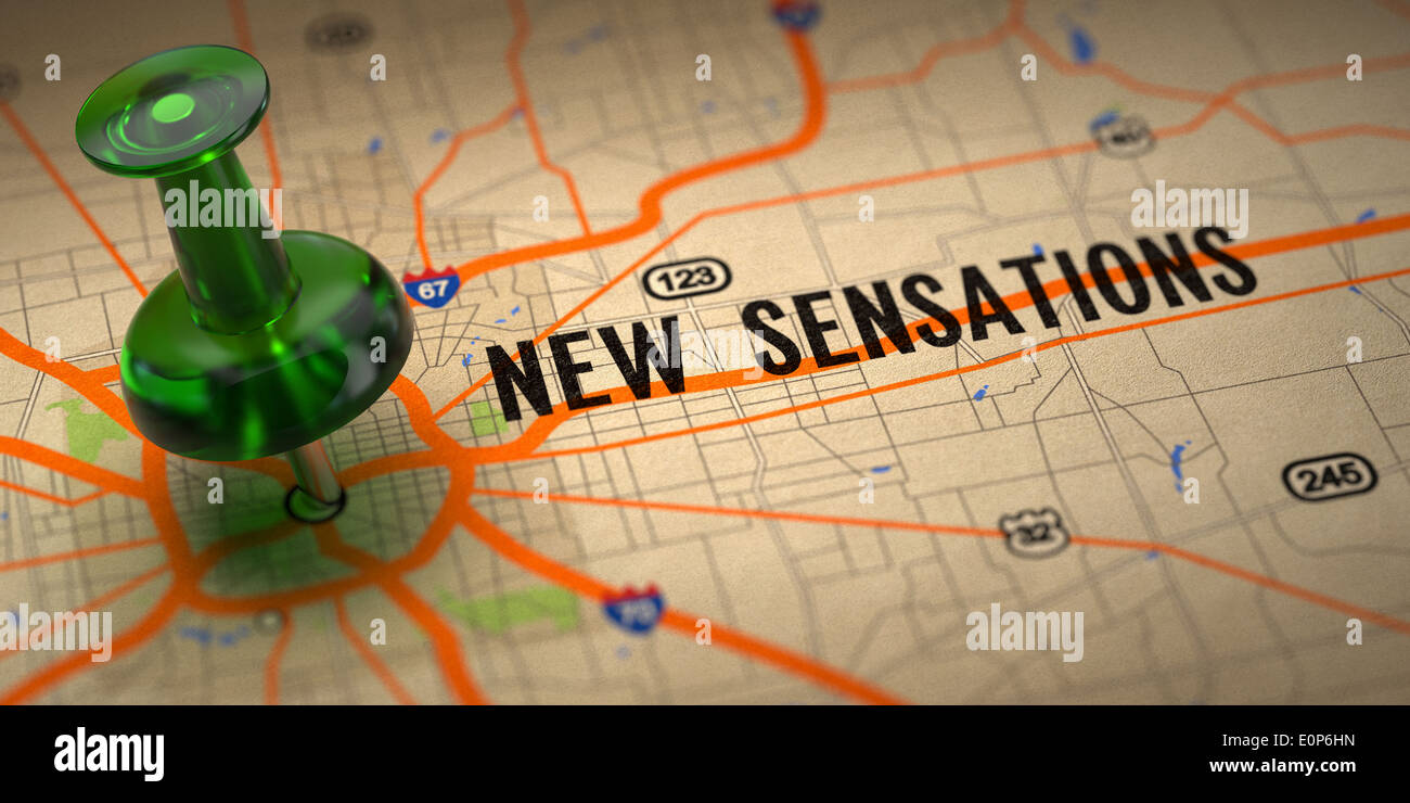 New Sensation  - Green Pushpin on a Map Background. Stock Photo