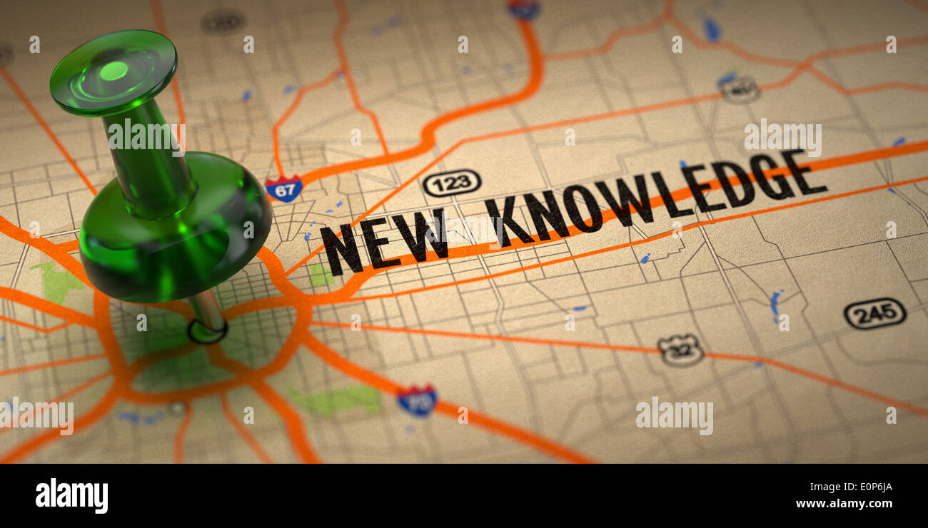 New Knowledge  - Green Pushpin on a Map Background. Stock Photo