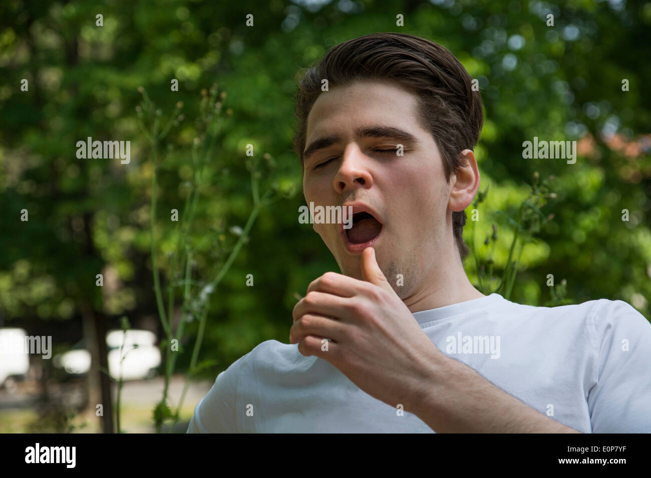 Handsome young man suffering from hayfever allergy sneezing in park Stock Photo