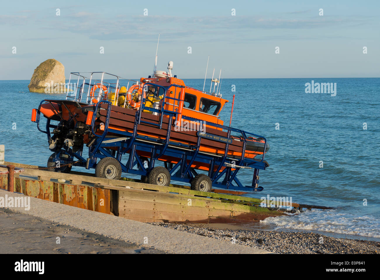 spirit of west wight freshwater independent lifeboat going dow sli[pway on cradle at freshwater isle of wight UK Stock Photo