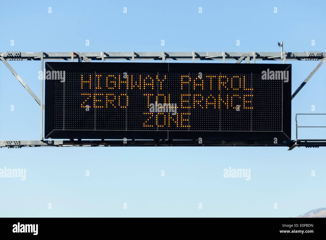 Highway Patrol zero tolerance zone electric warning sign. Stock Photo