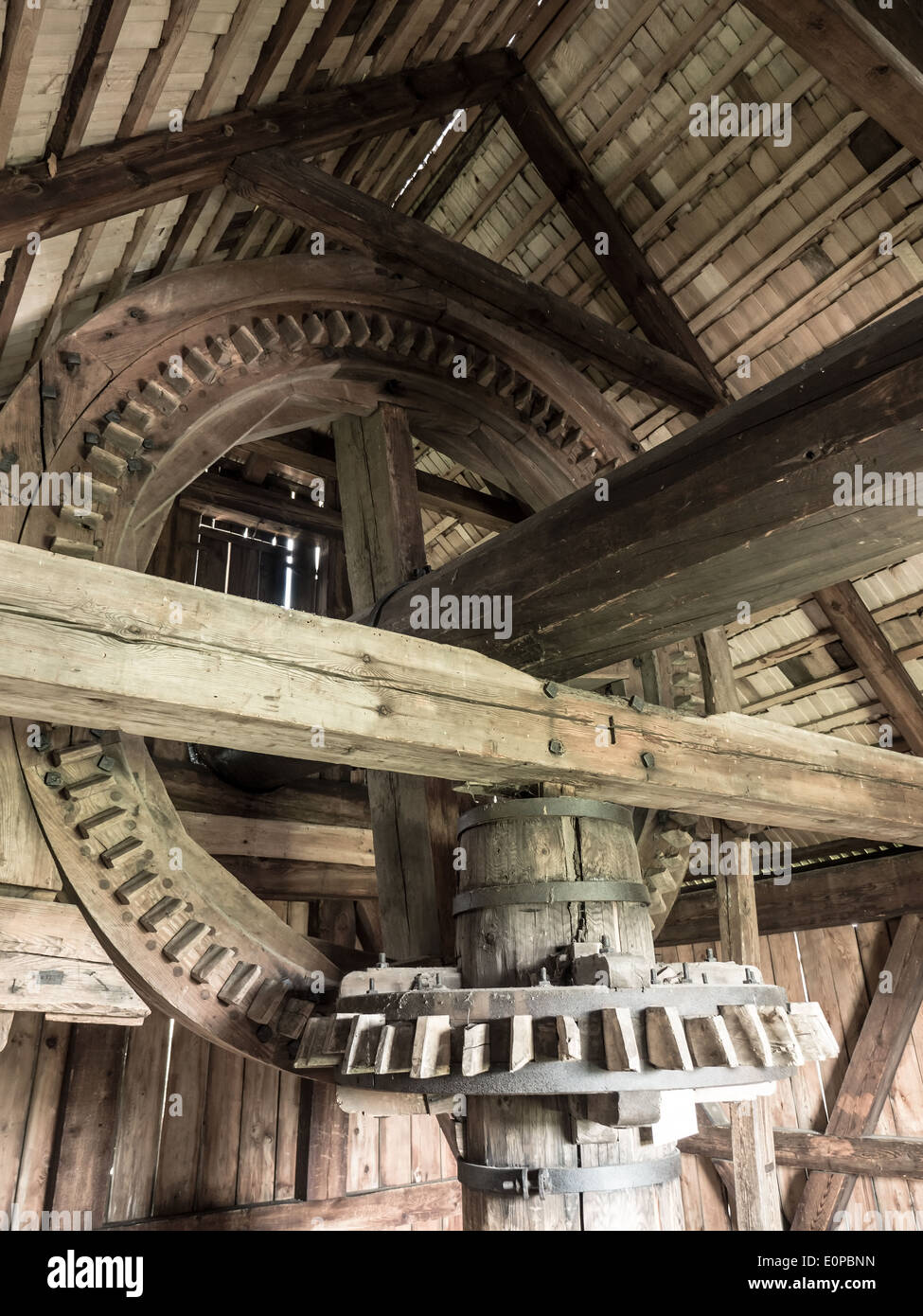 Old wooden windmill driving gear Stock Photo