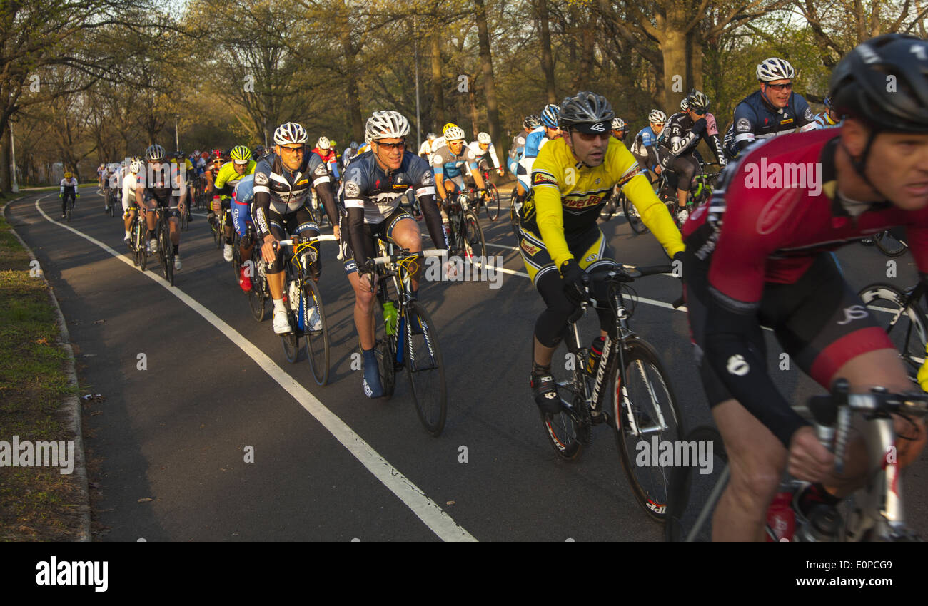 Bicycle races are regular early morning events in Prospect Park in Brooklyn, NY. Stock Photo