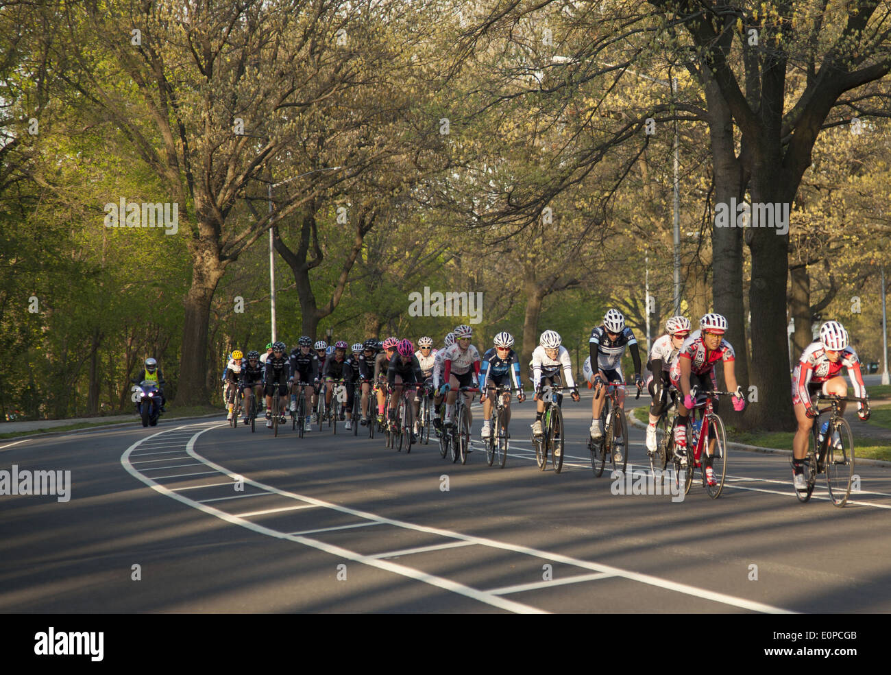 Bicycle races are regular early morning events in Prospect Park in Brooklyn, NY. Stock Photo