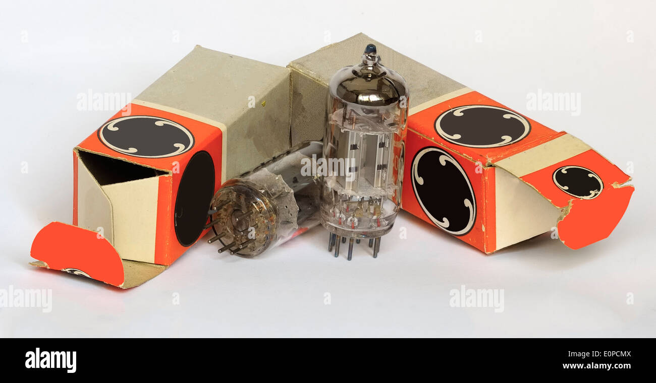 Vacuum tubes with cartons old electronic components, semiconductor