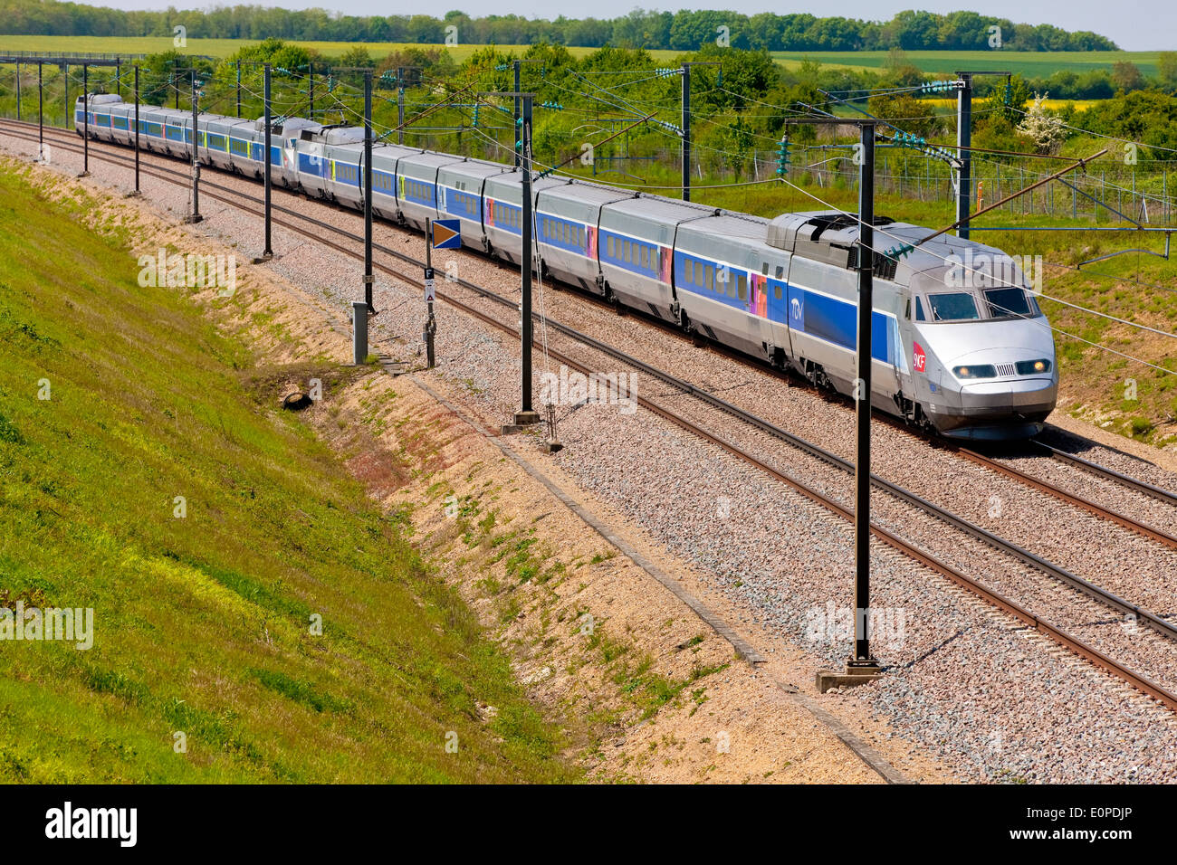 TGV Sud Est ( French high-speed rail service ) in the LGV Sud-Est near Sens, France Stock Photo