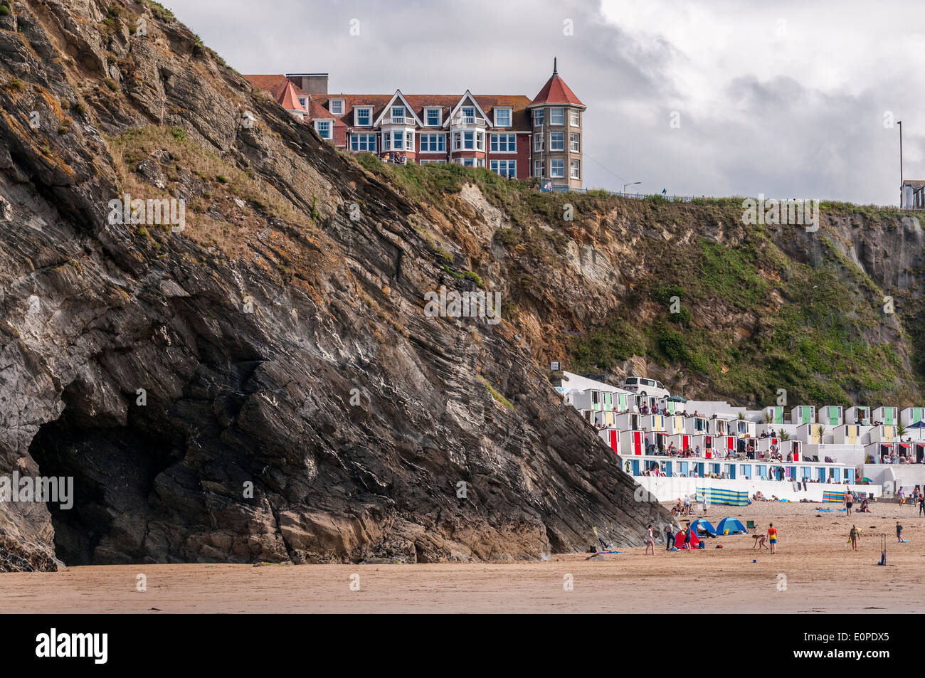 The Tolcarne beach in Newquay showing the sandy beach, high cliffs
