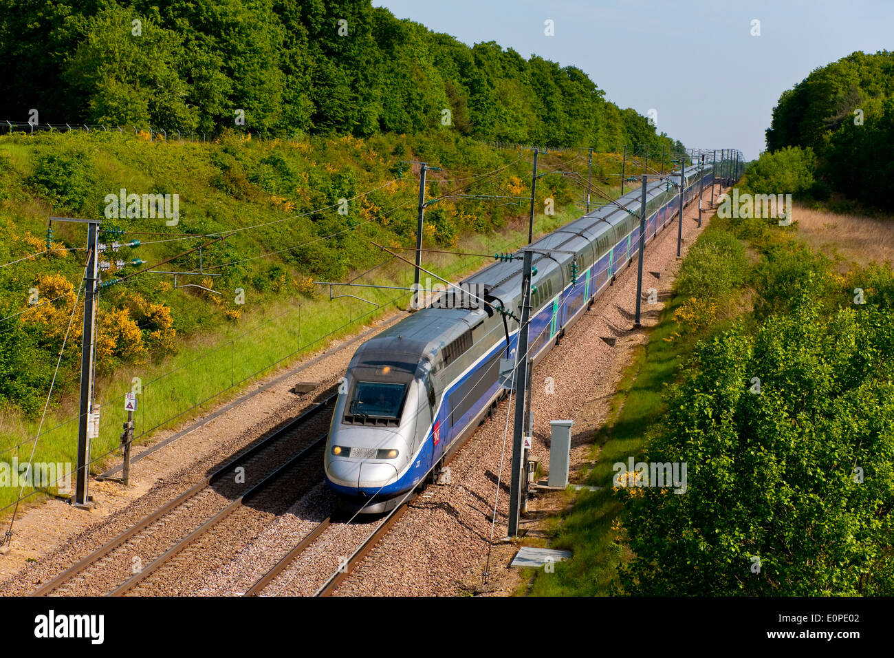 TGV Duplex ( French high-speed rail service ) in the LGV Sud-Est near Sens, France Stock Photo