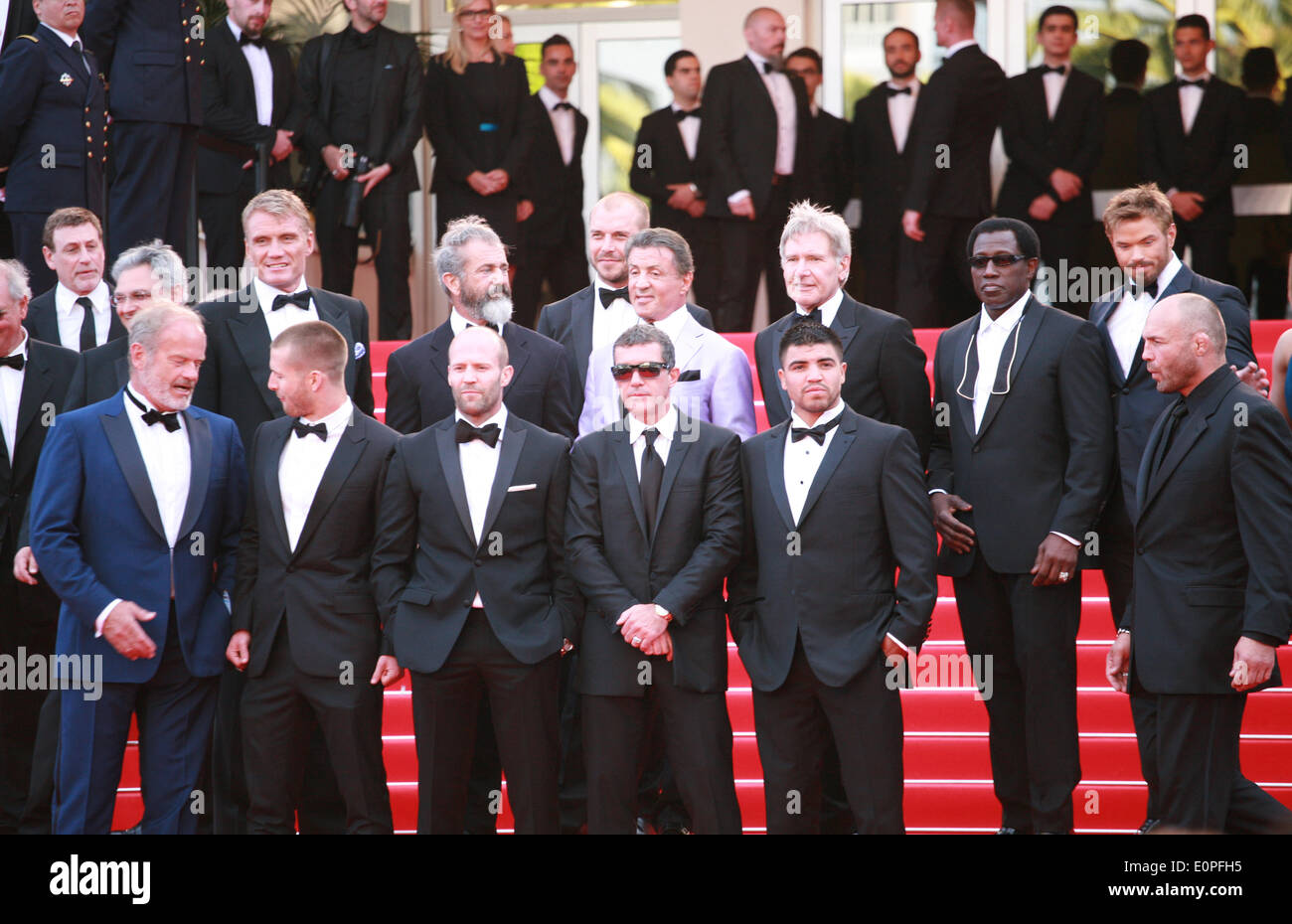 Cannes, France. 18th May, 2014. Dolph Lundgren, Harrison Ford, Patrick Hughes, Antonio Banderas, Mel Gibson, Jason Statham, Sylvester Stallone, Ronda Rousey, Wesley Snipes and Kellan Lutz at the The Expendables 3 red carpet at the 67th Cannes Film Festival France. Sunday 18th May 2014 in Cannes Film Festival, France. Credit:  Doreen Kennedy/Alamy Live News Stock Photo