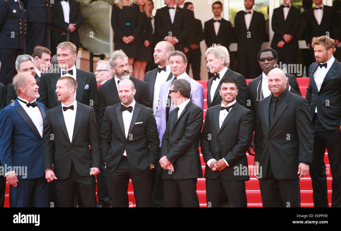Cannes, France. 18th May, 2014. Dolph Lundgren, Harrison Ford, Patrick Hughes, Antonio Banderas, Randy Couture, Mel Gibson, Jason Statham, Sylvester Stallone, Wesley Snipes and Kellan Lutz at the The Expendables 3 red carpet at the 67th Cannes Film Festival France. Sunday 18th May 2014 in Cannes Film Festival, France. Credit:  Doreen Kennedy/Alamy Live News Stock Photo