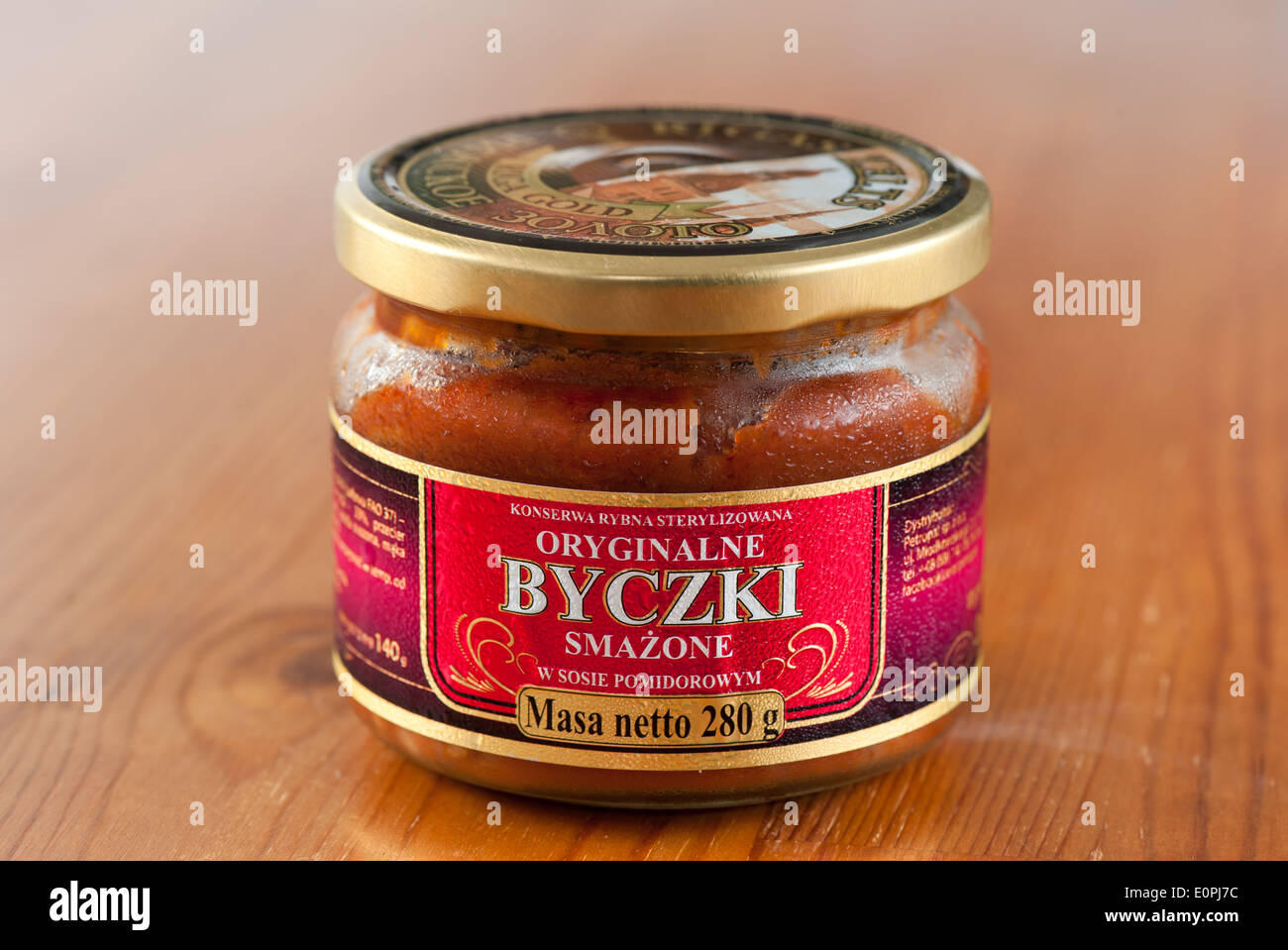 Byczki fish dish canned in glass jar Stock Photo