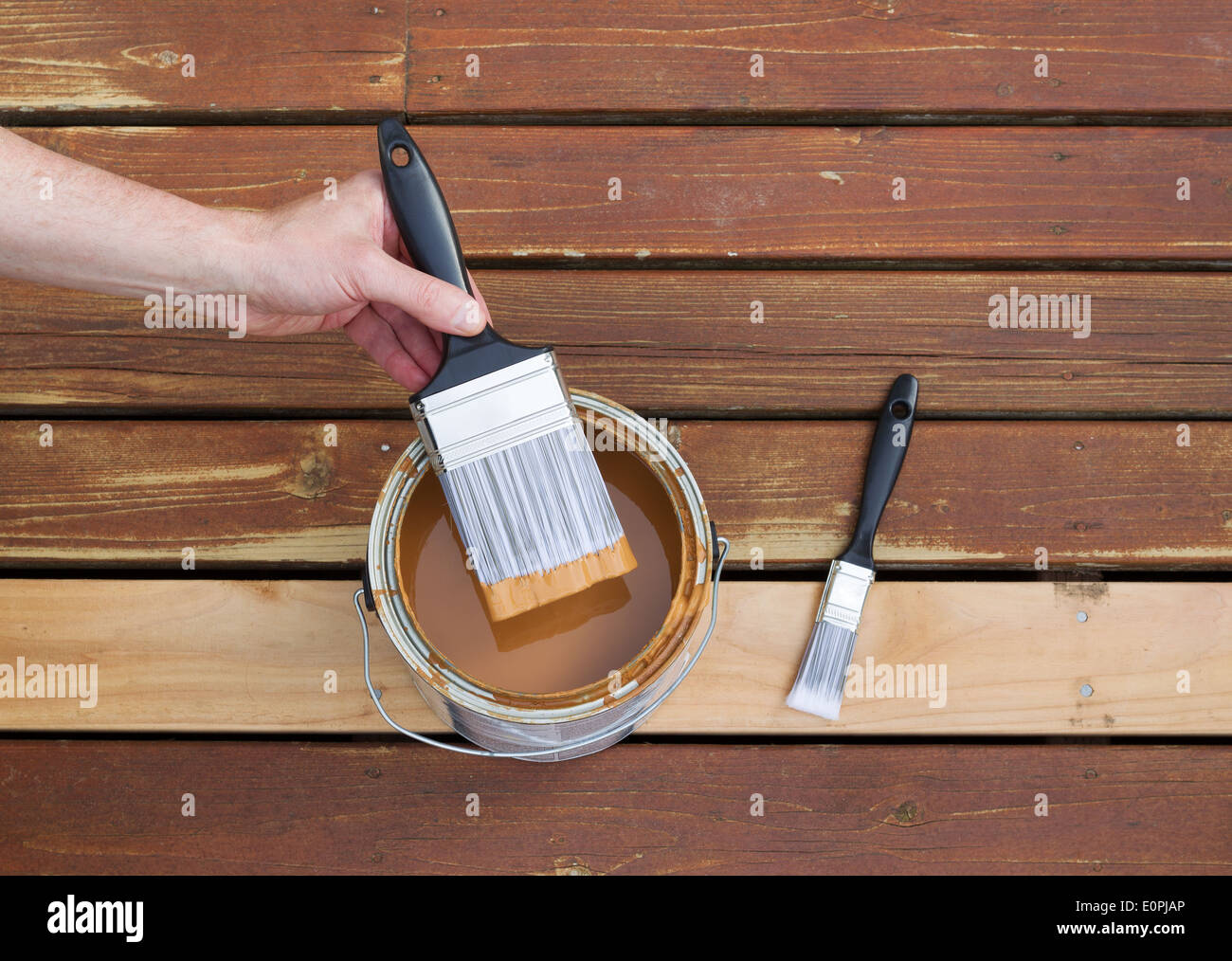 Horizontal photo of male hand dipping paint brush into a can of wood stain with single small brush lying on a single new cedar Stock Photo