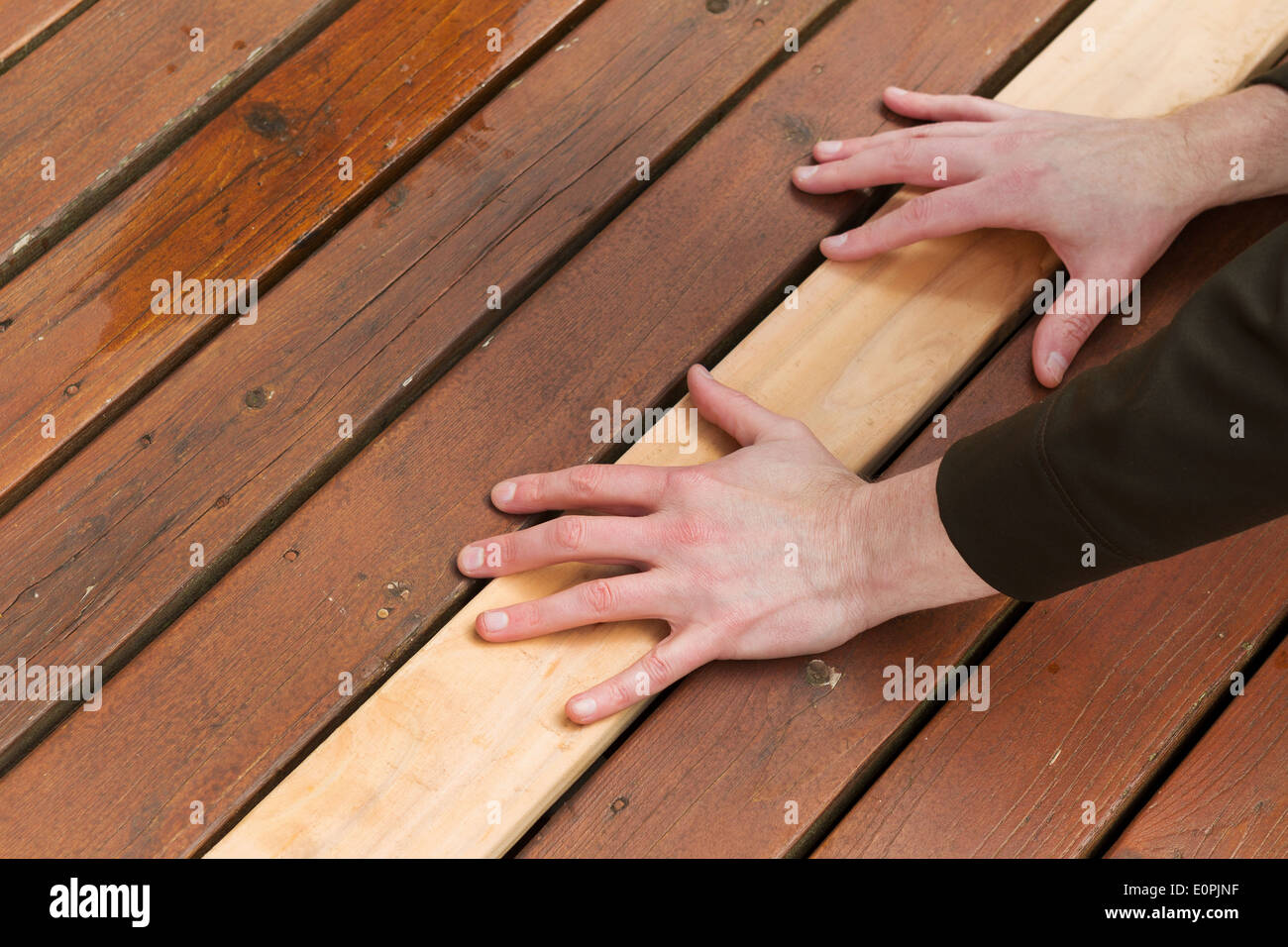 Horizontal photo of male hands putting in a single new cedar wooden board next to fading wood on outdoor deck Stock Photo