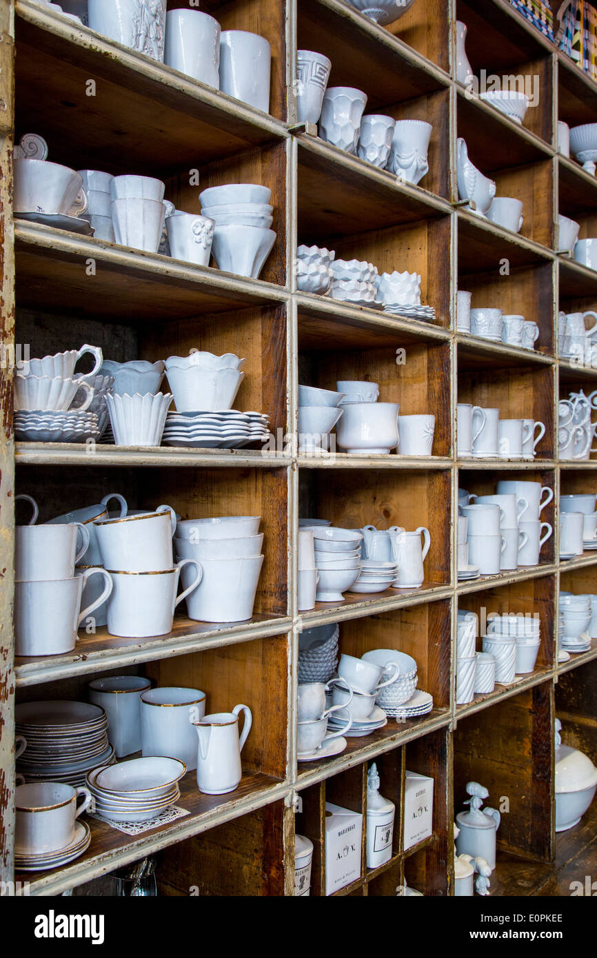 Hand-made pottery by designer Astier de Villatte on display at their boutique along Rue Saint Honore, Paris France Stock Photo