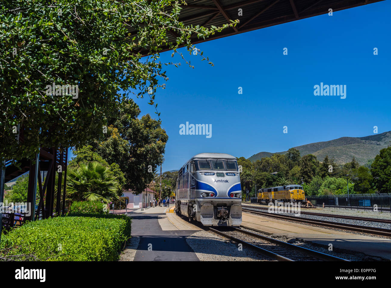 An Amtrak passenger train on the tracks near San Luis Obispo