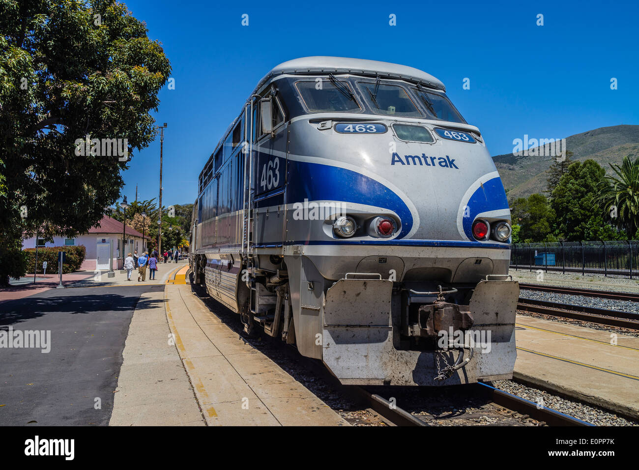 An Amtrak passenger train on the tracks near San Luis Obispo