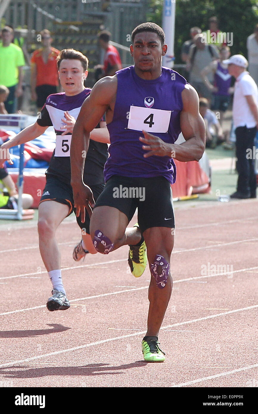 Loughborough, UK. 18th May, 2014. Loughbprough's American Football entrant Jordan Smallin wins the 100 meters inter mural race in a time of 11.17 seconds at the Loughborough International Athletics meet at Loughborough University. Credit:  Action Plus Sports/Alamy Live News Stock Photo