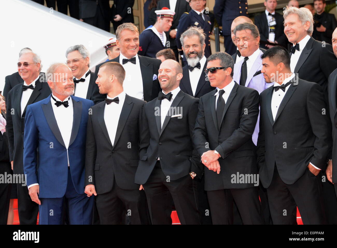 May 18, 2014 - Cannes, France - CANNES, FRANCE - MAY 18: (Top L-R) Actors Glen Powell, Kelsey Grammer, Dolph Lundgren, Harrison Ford, director Patrick Hughes, actors Antonio Banderas, Randy Couture (Front L-R) Victor Ortiz, Mel Gibson, Jason Statham, Sylvester Stallone, Ronda Rousey, Wesley Snipes and Kellan Lutz, attend 'Expendables 3' Premiere at the 67th Annual Cannes Film Festival on May 18, 2014 in Cannes, France. (Credit Image: © Frederick Injimbert/ZUMAPRESS.com) Stock Photo