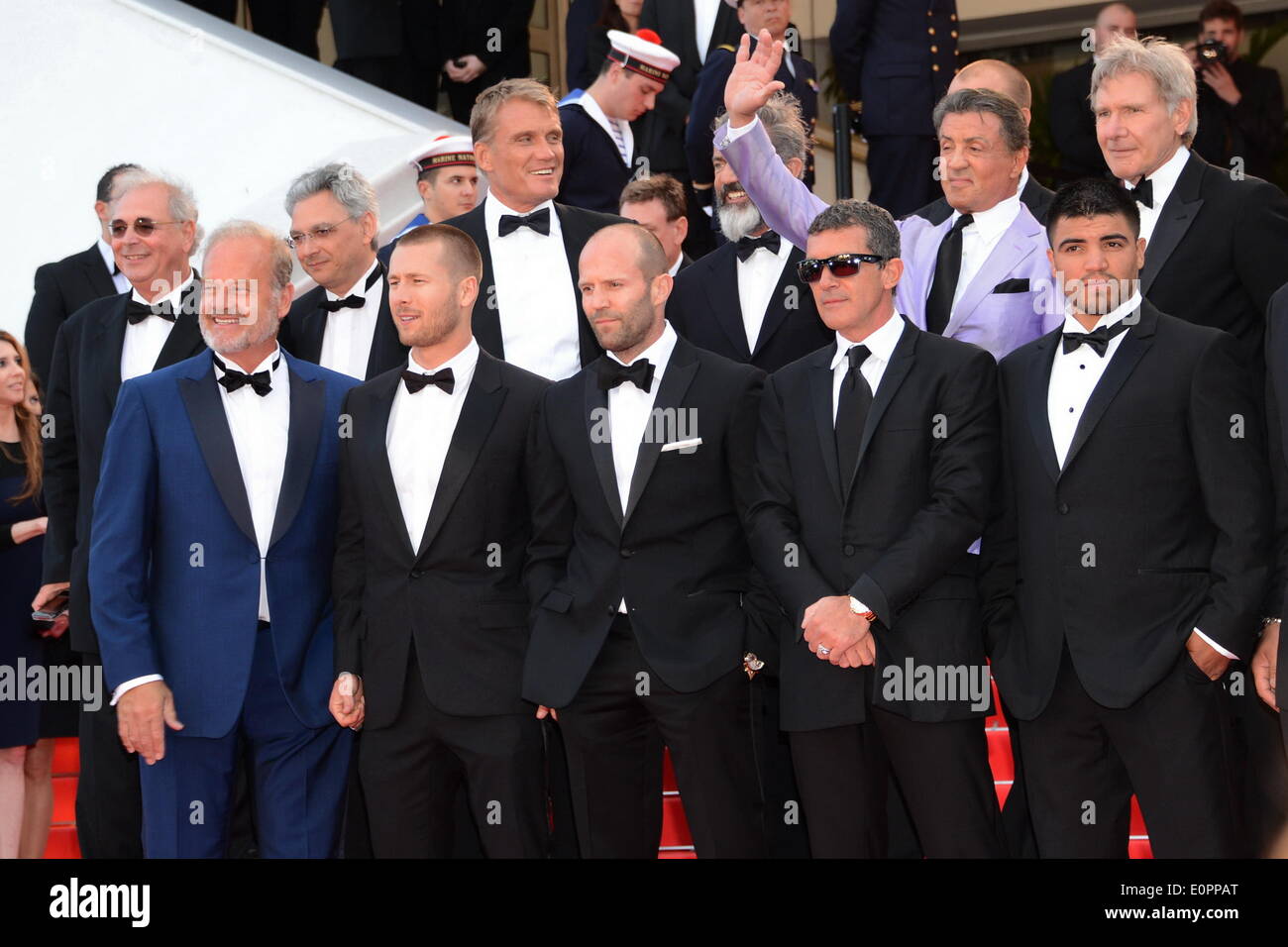 May 18, 2014 - Cannes, France - CANNES, FRANCE - MAY 18: (Top L-R) Actors Glen Powell, Kelsey Grammer, Dolph Lundgren, Harrison Ford, director Patrick Hughes, actors Antonio Banderas, Randy Couture (Front L-R) Victor Ortiz, Mel Gibson, Jason Statham, Sylvester Stallone, Ronda Rousey, Wesley Snipes and Kellan Lutz, attend 'Expendables 3' Premiere at the 67th Annual Cannes Film Festival on May 18, 2014 in Cannes, France. (Credit Image: © Frederick Injimbert/ZUMAPRESS.com) Stock Photo