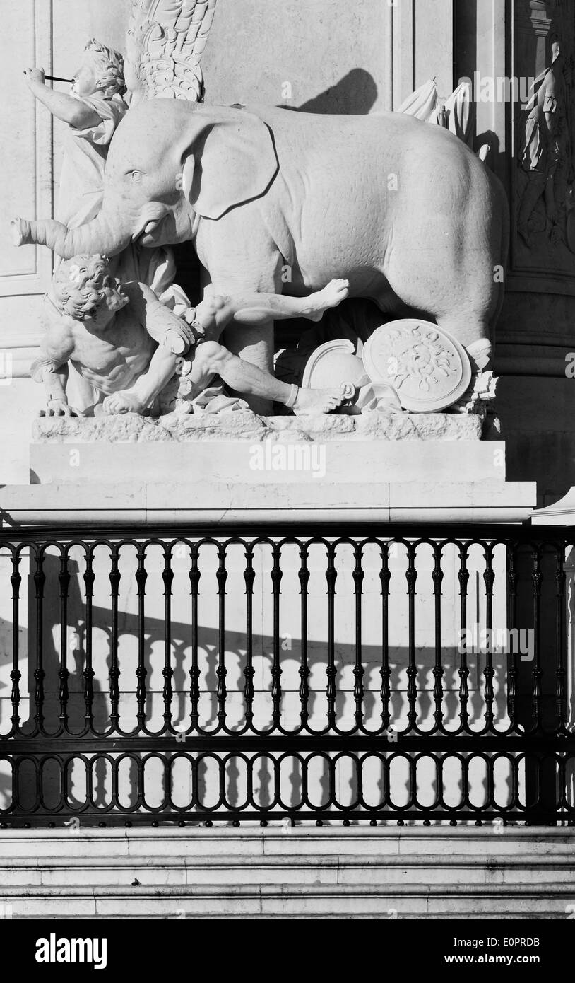 Elephant carving around plinth of king Jose 1 statue Praca do Comercio Lisbon Portugal western Europe Stock Photo