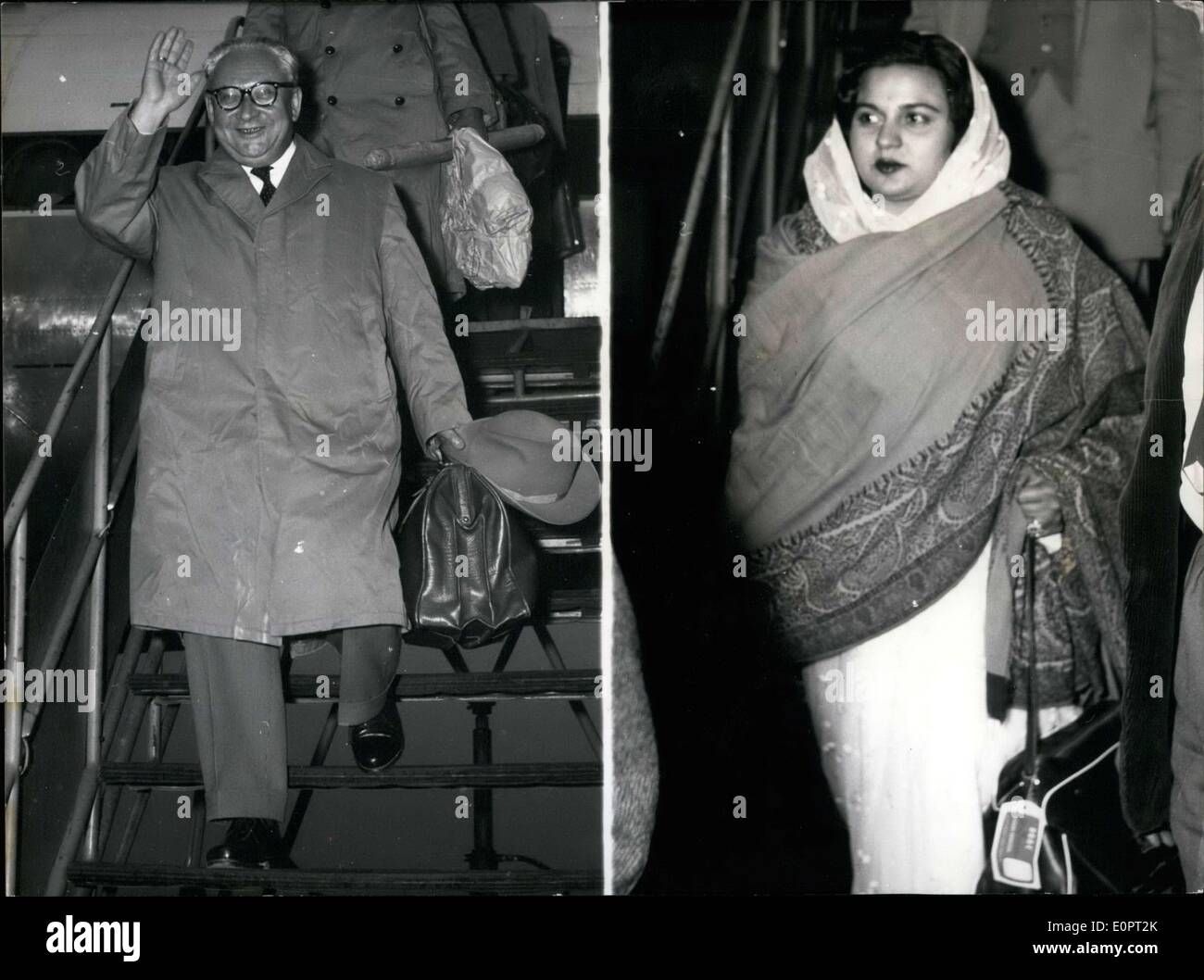 Dec. 06, 1956 - Indian Princess Indra Morani confided in opposition leader Ollenhauer on the flight from New Delhi to D?sseldorf. While Erich Ollenhauer was received by party friends and journalists the Indian princess stole away unnoticed. Pictured: Left - Erich Ollenhauer on his arrival. Right: Princess Indra Morani Stock Photo