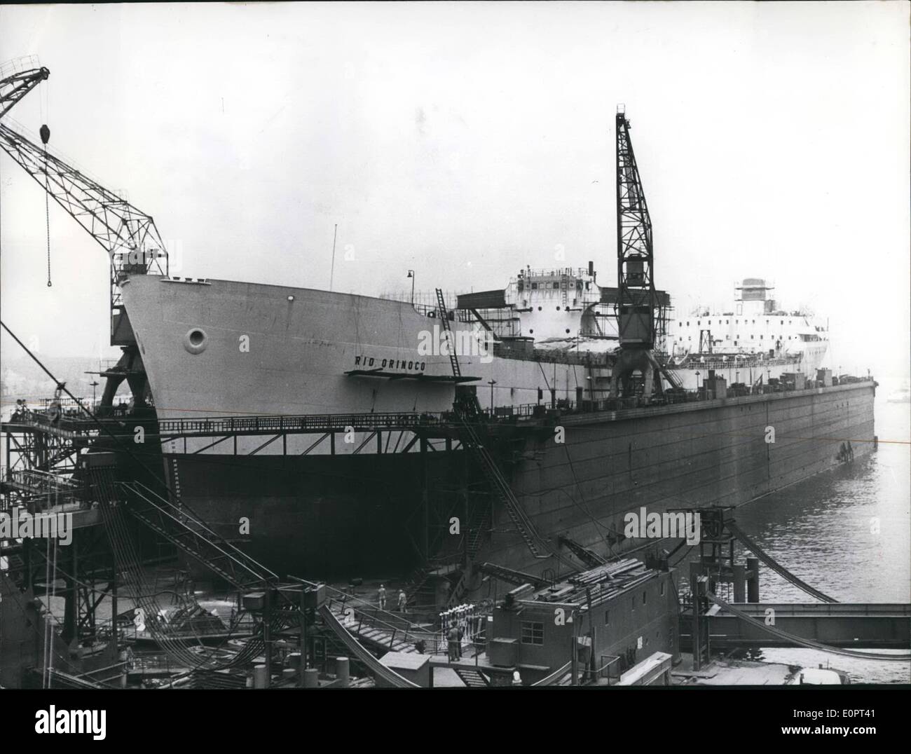 Feb. 02, 1957 - The greatest ship that is built , now in Germany is destined for the US. RIO Orinoco is the name of the 24500 to one freighter that shall be released to a shipping office in Los Angeles. Stock Photo