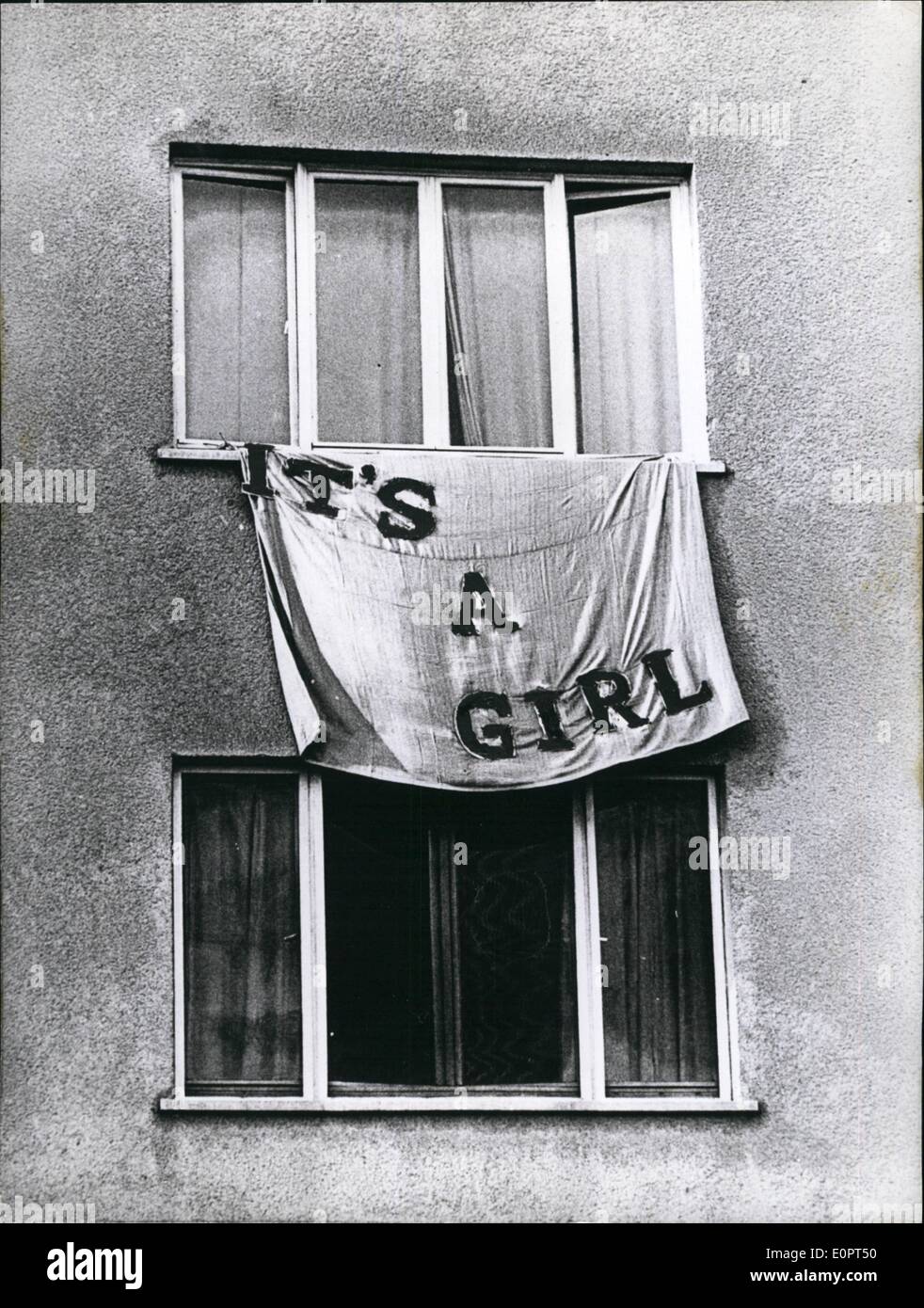 Feb. 02, 1957 - ''It's a girl'' : The proud father is a captain of the Us - Army who fixed this inscription at the window of his apartment in Wurzburg/German recently. Stock Photo