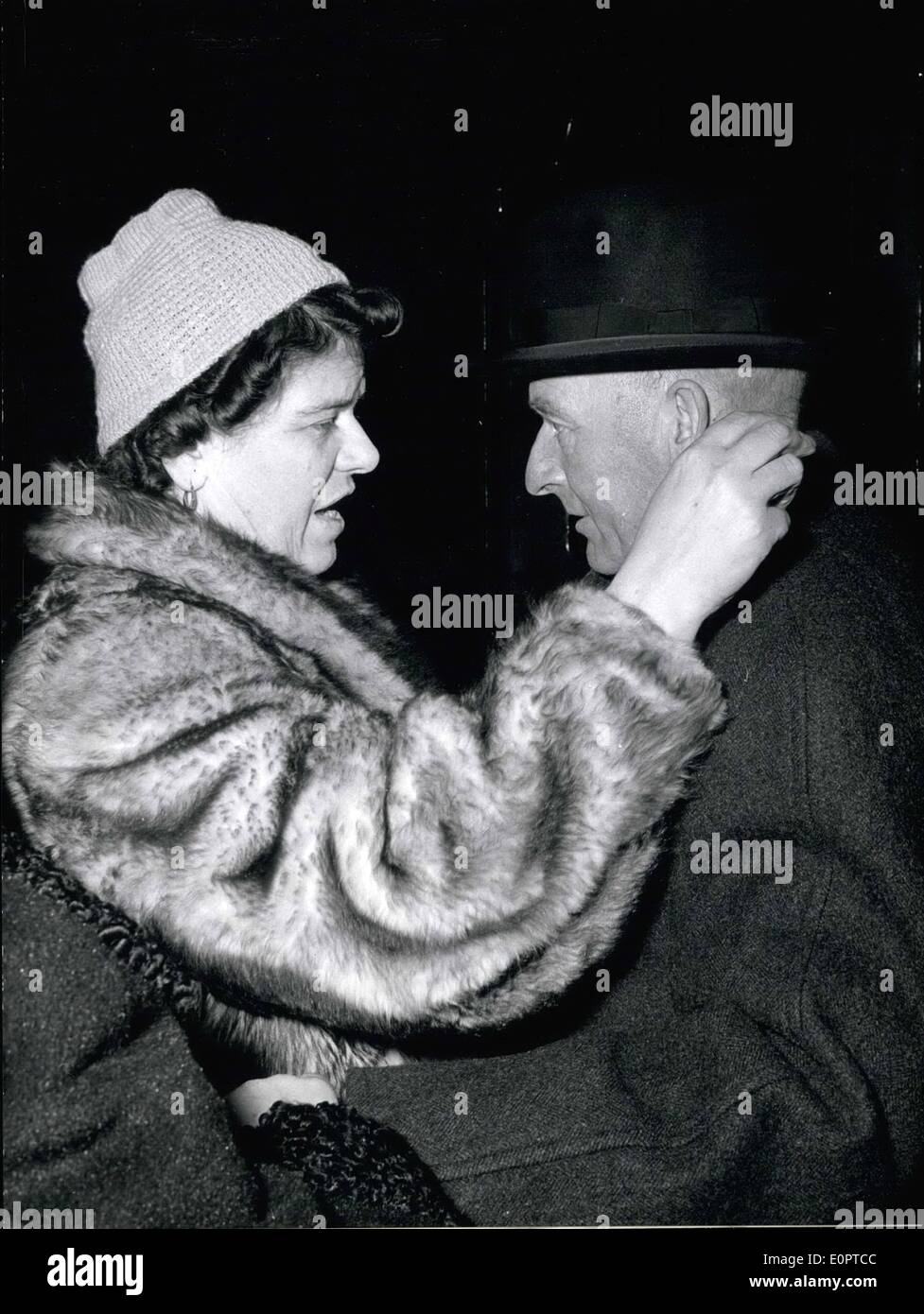 Feb. 02, 1957 - The five sea-men which was rescued by the shipwreck of the German ship ''Harburg'' near Stockholm, arrived in Hamburg Thursday-evening (21-2-57). Photo shows Mrs. Prikker, the wife of the first officer is happy to see her husband. Stock Photo