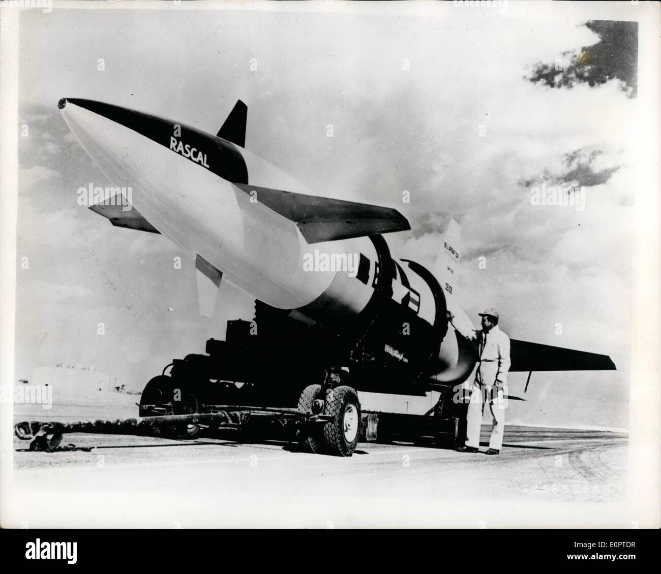 Feb. 02, 1957 - They Call It The ''The Rascal''.... New Pilotless Bomber of The U.S. Forces. Developed by the United States Bell Aircraft Corporation is ''The Rascal'' - latest missile of the American forces.. The 'Rascal' is powered by powerful rocket engine - which drives it at supersonic speeds. It is carried by B-47 aircraft - and is released many miles from the target - permitting the carrier to avoid high altitude defensive measures.. Keystone Photo Shows:- View of the G.A.M. 63. Pilotless Bomber - known as ''The Rascal' Stock Photo