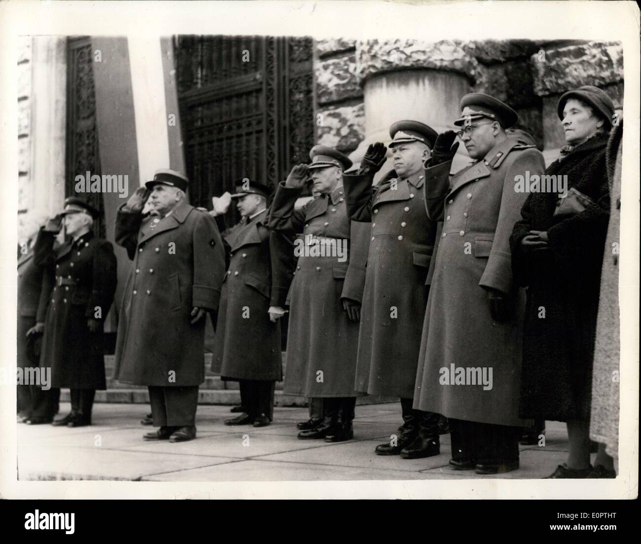 Dec. 13, 1956 - Recruits To Austrian Army Take The Oath.: In ceremony which took place in Austria yesterday, 19-year old conscripts to the Austrian Army took the Oath. Photo shows After the cath-taking ceremony, some 3,000 men took part in a parade on Vienna's Heldenplats - which was attended by the French Military Attache, Col. Olle-Laprune, and the Soviet Military attache - who are seen watching the parade. Stock Photo