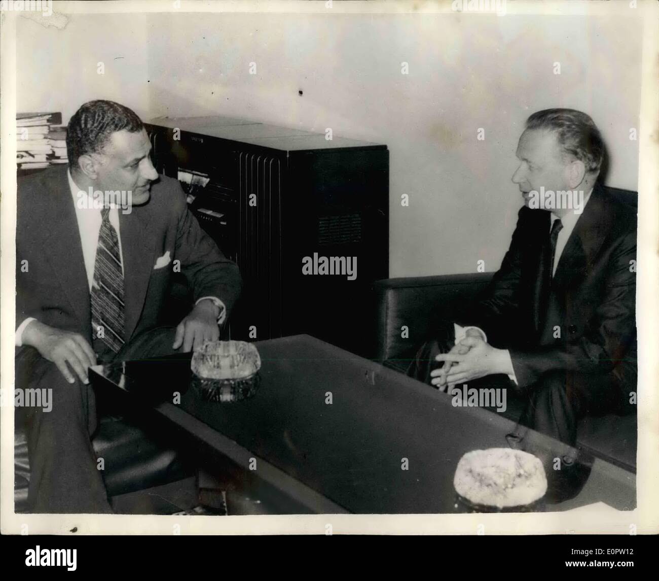 Mar. 03, 1957 - Mr. Hammarskjoeld and President Nasser Have Talks in Cairo. President Nasser recently received Mr. Dag Hammarskjoeld, United Nations Secretary General, with whom he conferred for five hours in Cairo. Photo Shows: President Nasser seen with Mr. Dag Hammarskjoeld at the meeting. Stock Photo