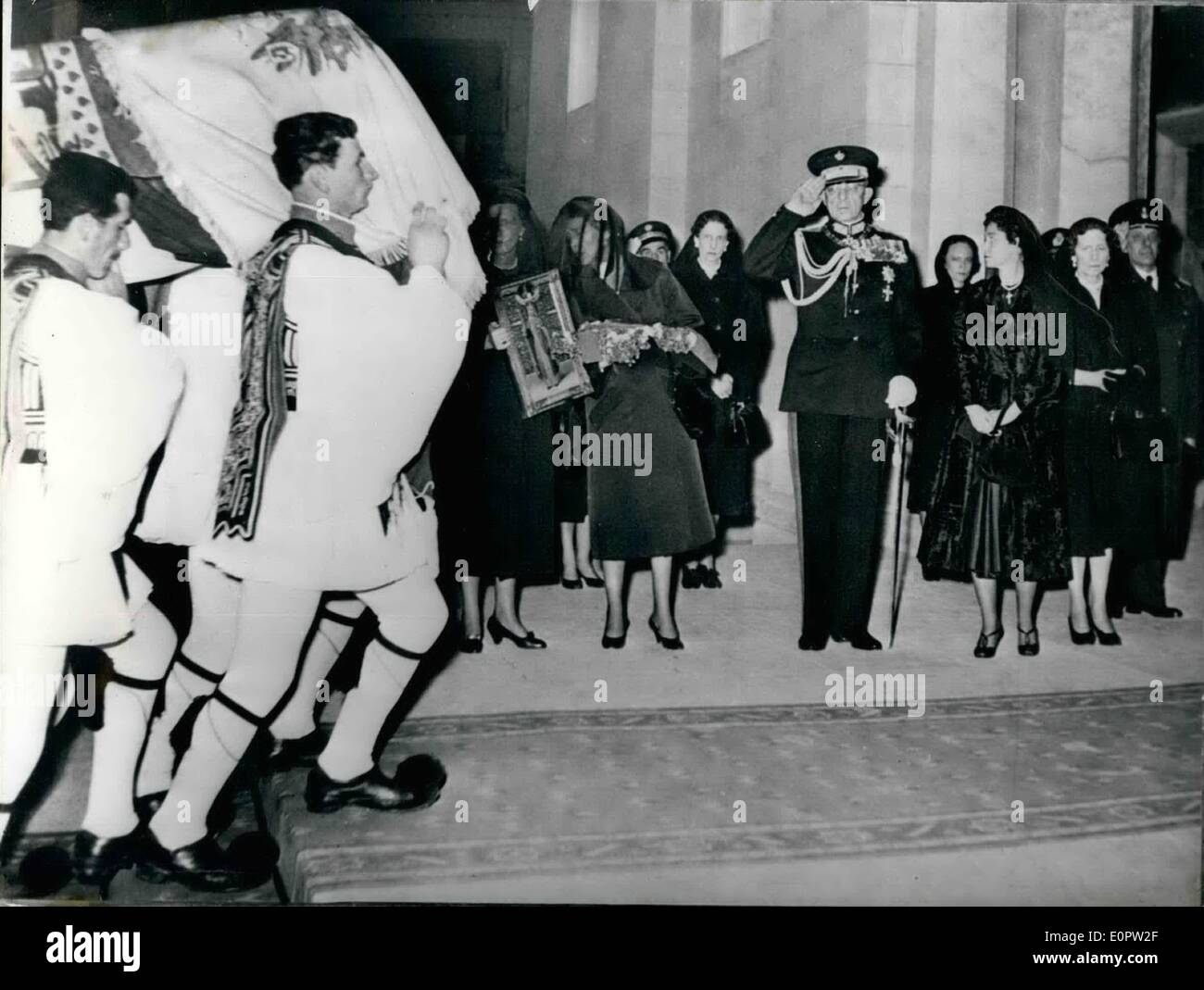 Mar. 03, 1957 - Funeral of Princess Helene of Greece Princess Helene of Greece died in Athens from a heart ailment on March 14th. She is the mother of Britain's Duchess of Kant. Picture Shows: Evzons of the royal guard carry the bier of then late Princess to the cathedral of Athens, In the background: From 1. to r. Princess Olga of Yugoslavia, Duchess of Kent, King Paul and Queen Frederica. Stock Photo