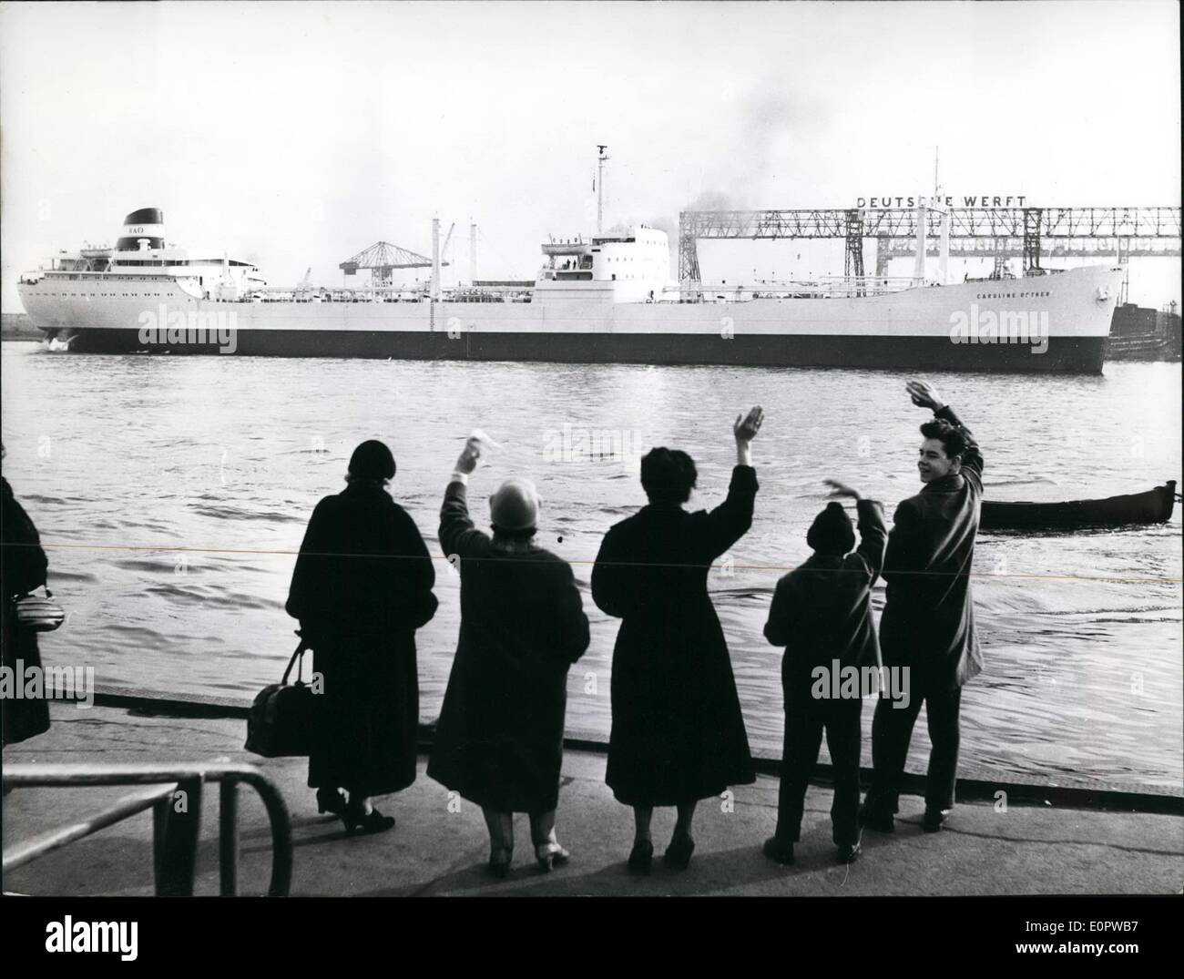 Mar. 03, 1957 - Caroline Oetker, 22 269 Brt, Germany's biggest tankship being built aft worldwar II. started for its maiden voyage to Mena Al Abmagi , yesterday (28-2-57) . The ship has been built at Deutsche Werft in Hamburg . It is fitted out with a swimming pool and a large library for the crew. Stock Photo