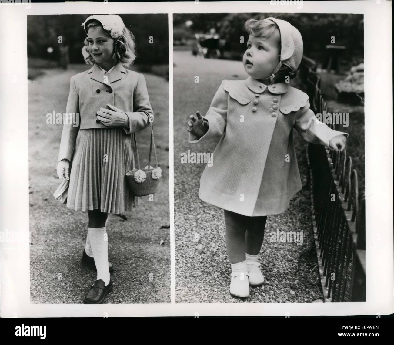 Mar. 03, 1957 - High style for small fry; Two models from Minimode of London give some idea of what the very young English set will look like on Easter and through the spring. Photo Shows left: Spring suit in tweed for a little girl. The pleated skirt has a bib decorated with an attractive cherry motif. The shorty jacket is double breasted and has a hipped in effect at the sides of the back. Right: Pure wool coat for a toddler. The yoke is trimmed with scallops and has embroidery to match that on the Peter Pan collar. The double breasted front has six high buttons. Stock Photo