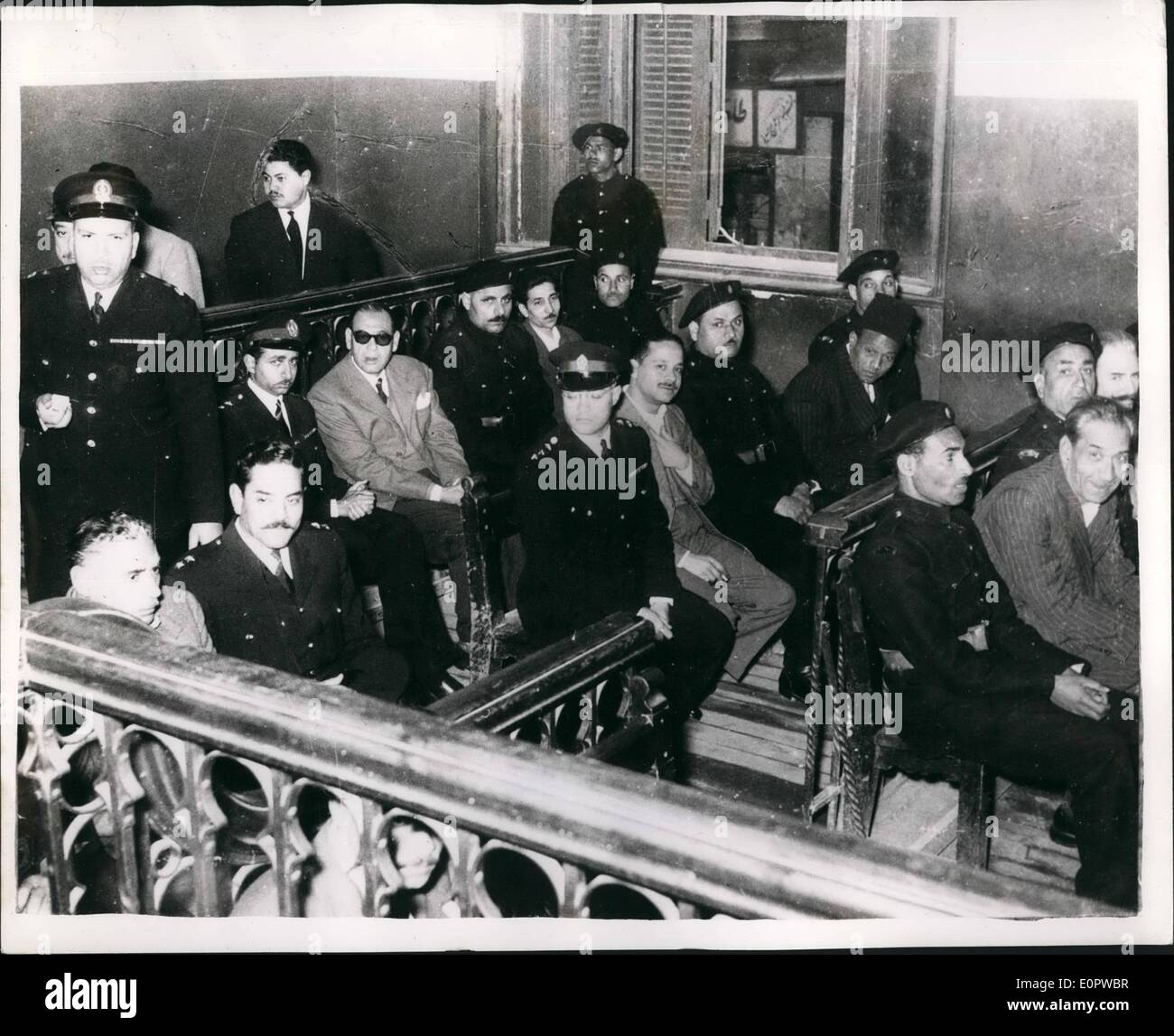 Mar. 03, 1957 - Britain In Court In Cairo - Charged With Spying: Four Britons who accused of spying appear in the Cairo Court again today.. Special precautions are being taken by the Egyptian authorities. Troops guard the door to the courtroom and the building has been searched for explosives. the Briton are James Swinburn (51) Cairo business manager; Charles Pittuck (45) of the Marconi Telegraph Company; James Zarb (37) Maltese businessman John Thornton Stanley of the Presidential Assurance Stock Photo