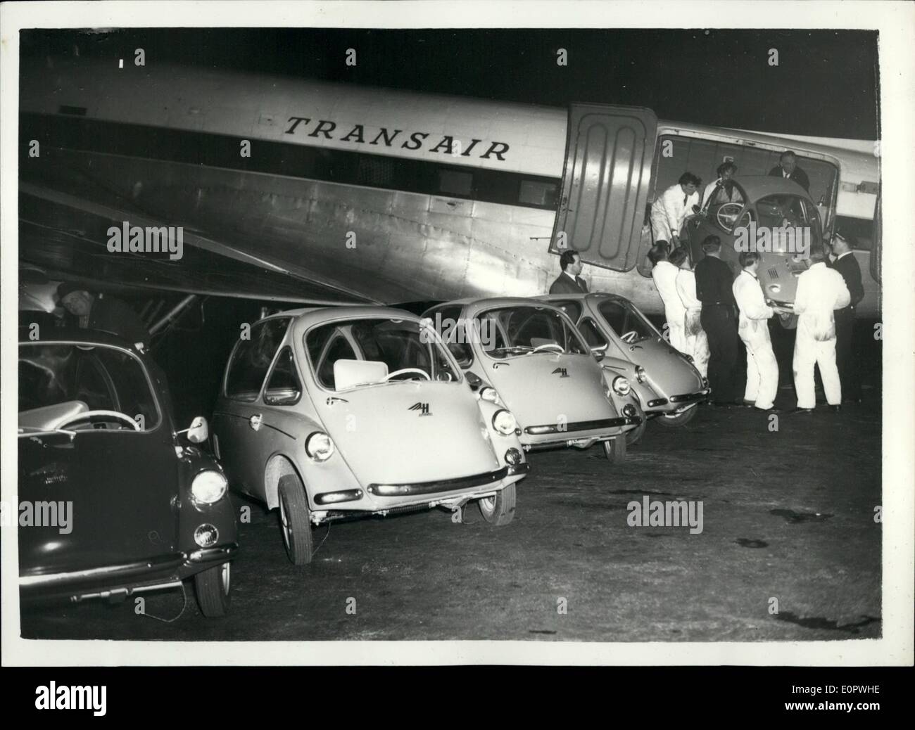 Jan. 01, 1957 - 100 M.P.H. CARS FLOWN IN FROM GERMANY: The first consignment of 100 m.p.h. Heinkel three wheel cars to be flown Stock Photo