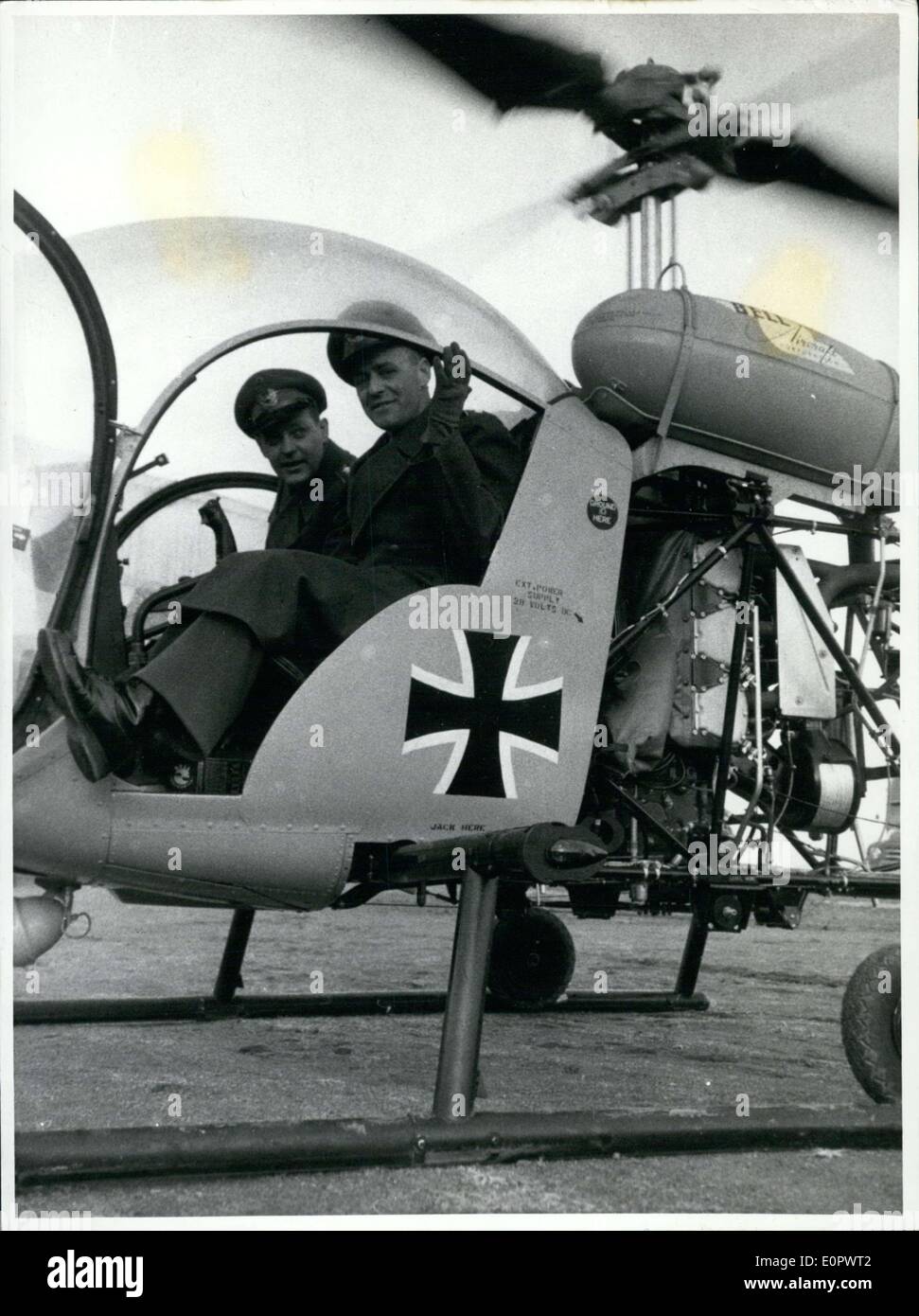 Jan. 09, 1957 - Pictured here is the first helicopter, a Type Bell 47, of the German Armed Forces in Anderbach. Mr. Bender and Mr. Drebing are shown during its first flight. Stock Photo