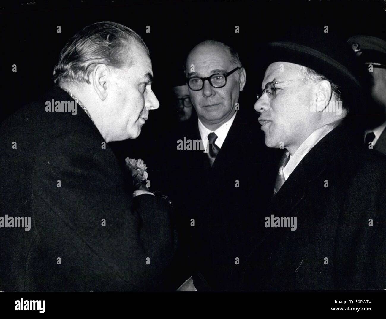 Jan. 14, 1957 - The Austrian parliamentarian Dr. Felix Hurdes right arrived in Bonn for an official visit to Germany and was gr Stock Photo