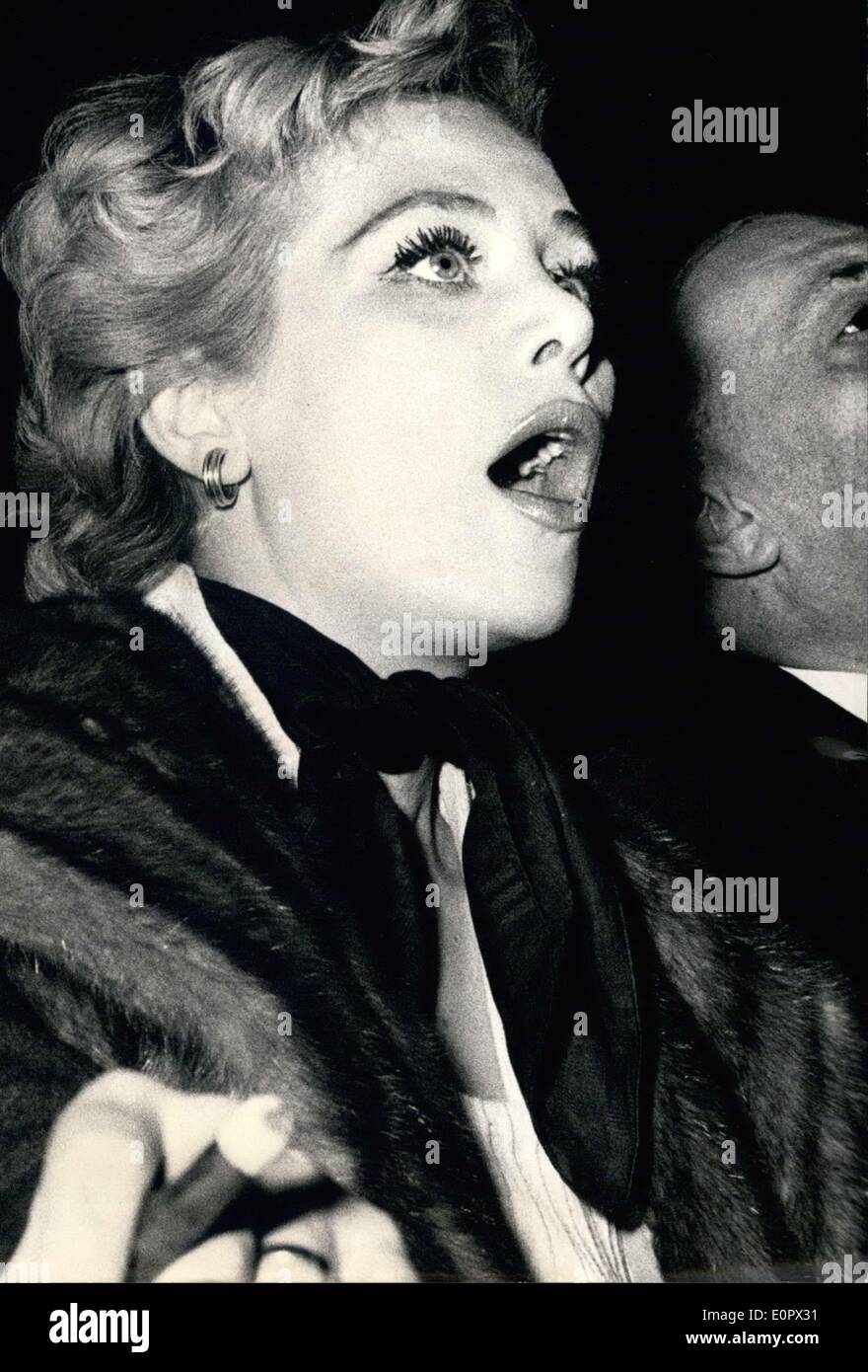 Jan. 26, 1957 - Hildegard Knef, pictured here, was a witness to the defeat of boxer Gerhard Recht at the hands of Yolande Pompey in Berlin's Sport Palace. Stock Photo