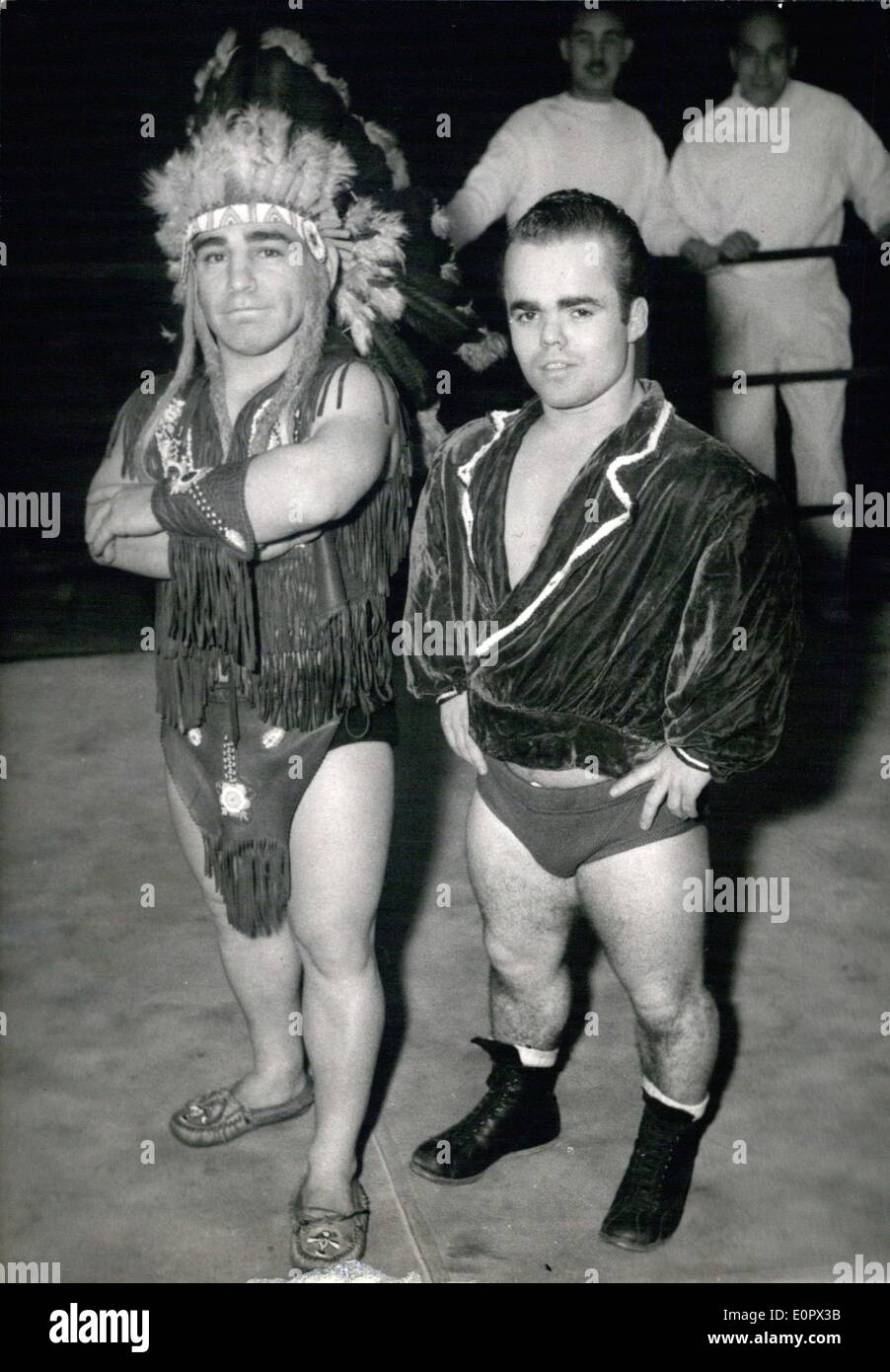 Jan. 29, 1957 - Tiny Tim and Mr Beauer to have awrestling match Stock Photo