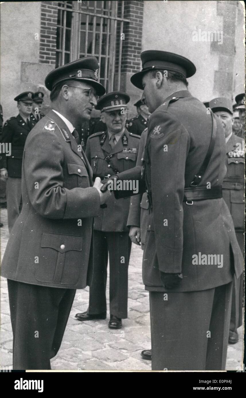 Apr. 04, 1957 - General Speidel Takes Over: Germany's Lieutenant General Hans Speidel, The New Commander In Chief Of NATO's Forces Centre Europe Took Over At Fontainebleau H.O, This Morning. Photo shows General Speidel Seen Shaking Hands With Belgian General Hontoy. Stock Photo